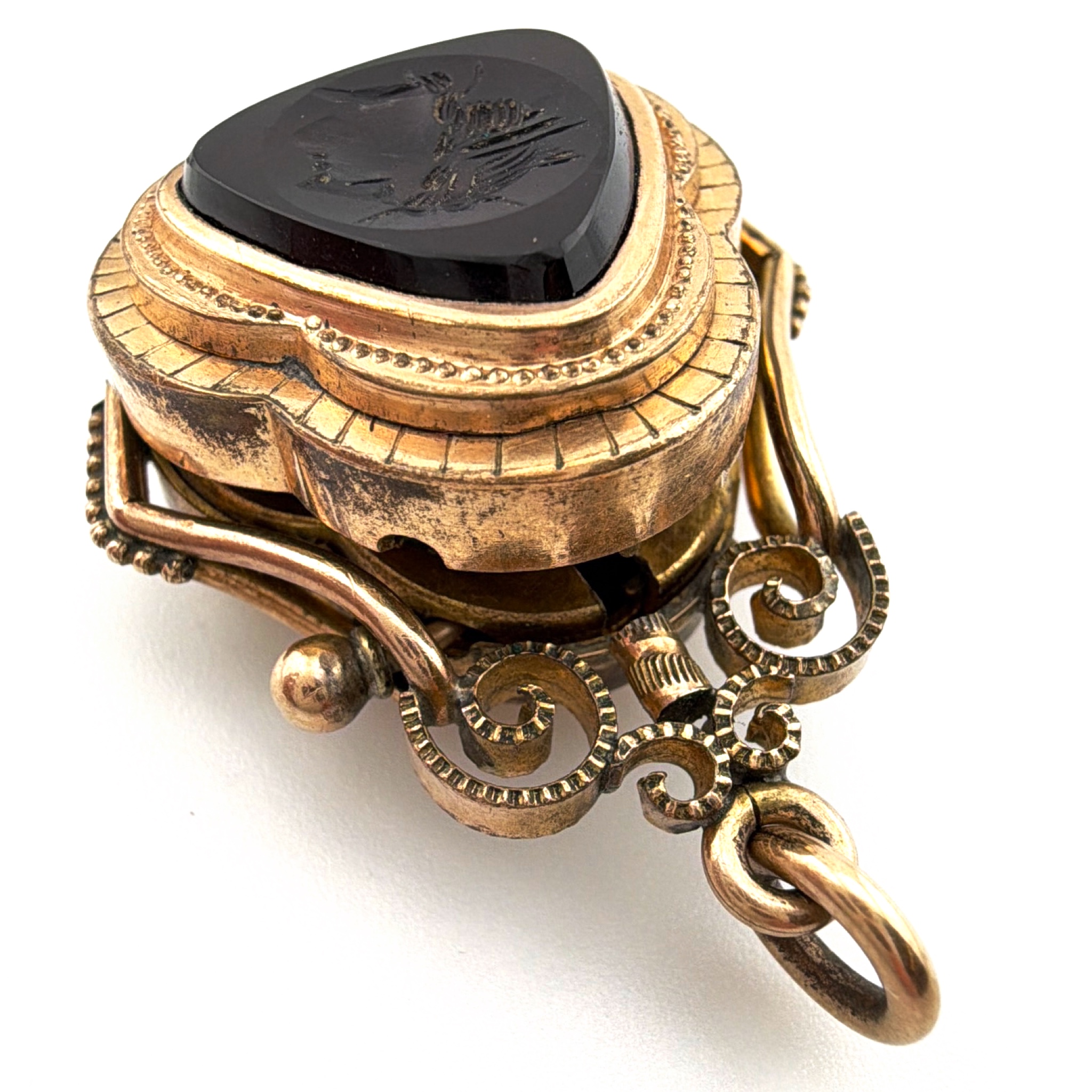 Victorian 1880s–1900s Gold Filled Intaglio Tiger’s Eye Swivel Fob Locket Needs Repaired 13.00g — Side