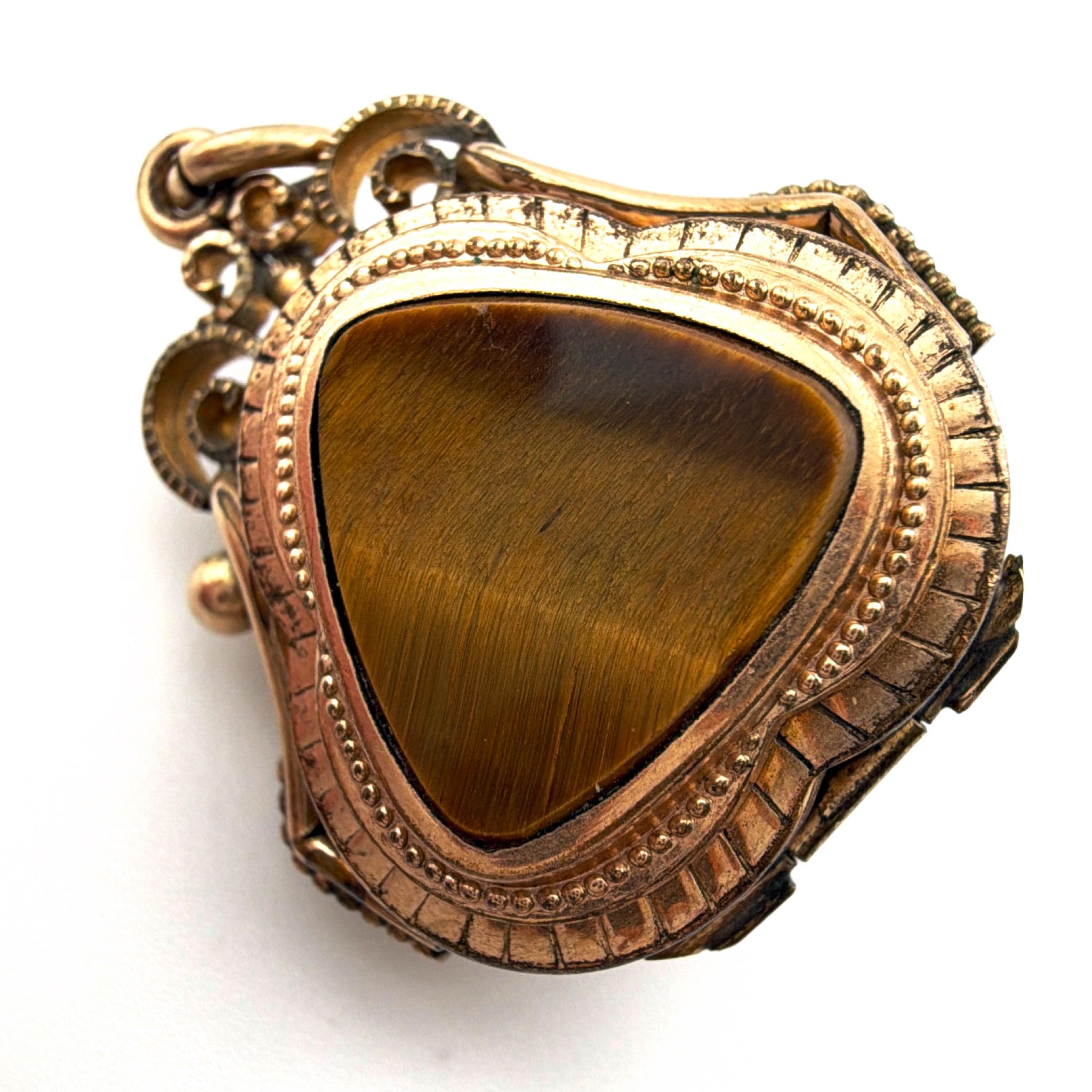 Victorian 1880s–1900s Gold Filled Intaglio Tiger’s Eye Swivel Fob Locket Needs Repaired 13.00g — Side