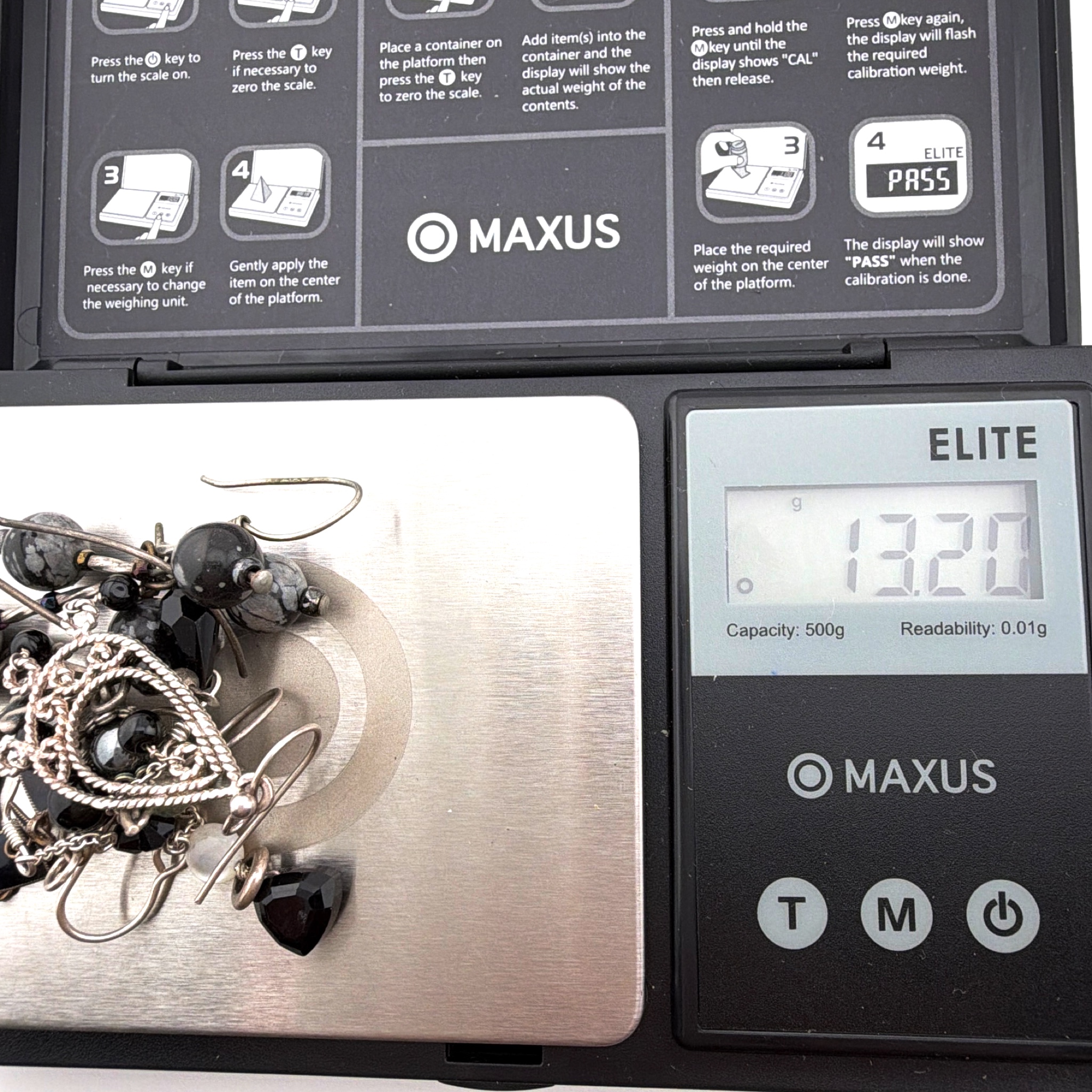 Sterling Silver and Silver Tone Obsidian 2.75 in Hematite Black Bead Drop Dangle Earrings Lot 13.20g — For scale