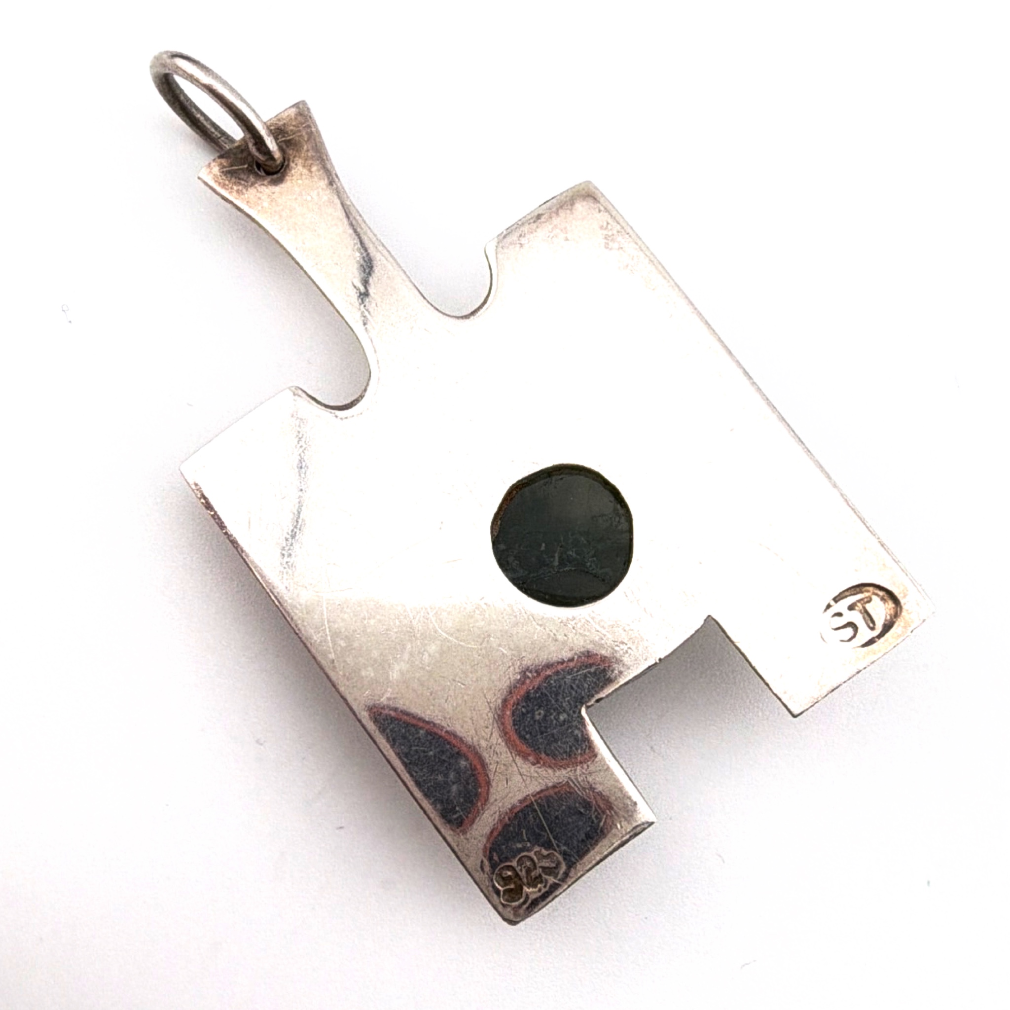 70s–80s Sterling Signed ST Modernist Geometric Dark Green Cabochon Pendant 15.53g — Back