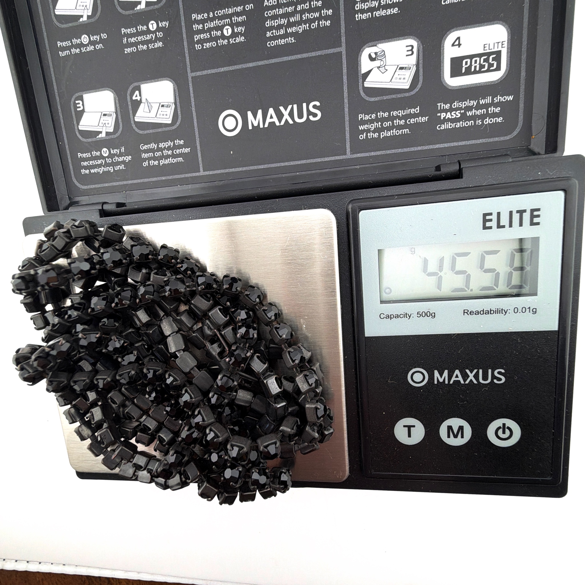 Vintage Black Tone Black Rhinestone Tennis Chain Necklace 45.58g 26.5 in — For scale