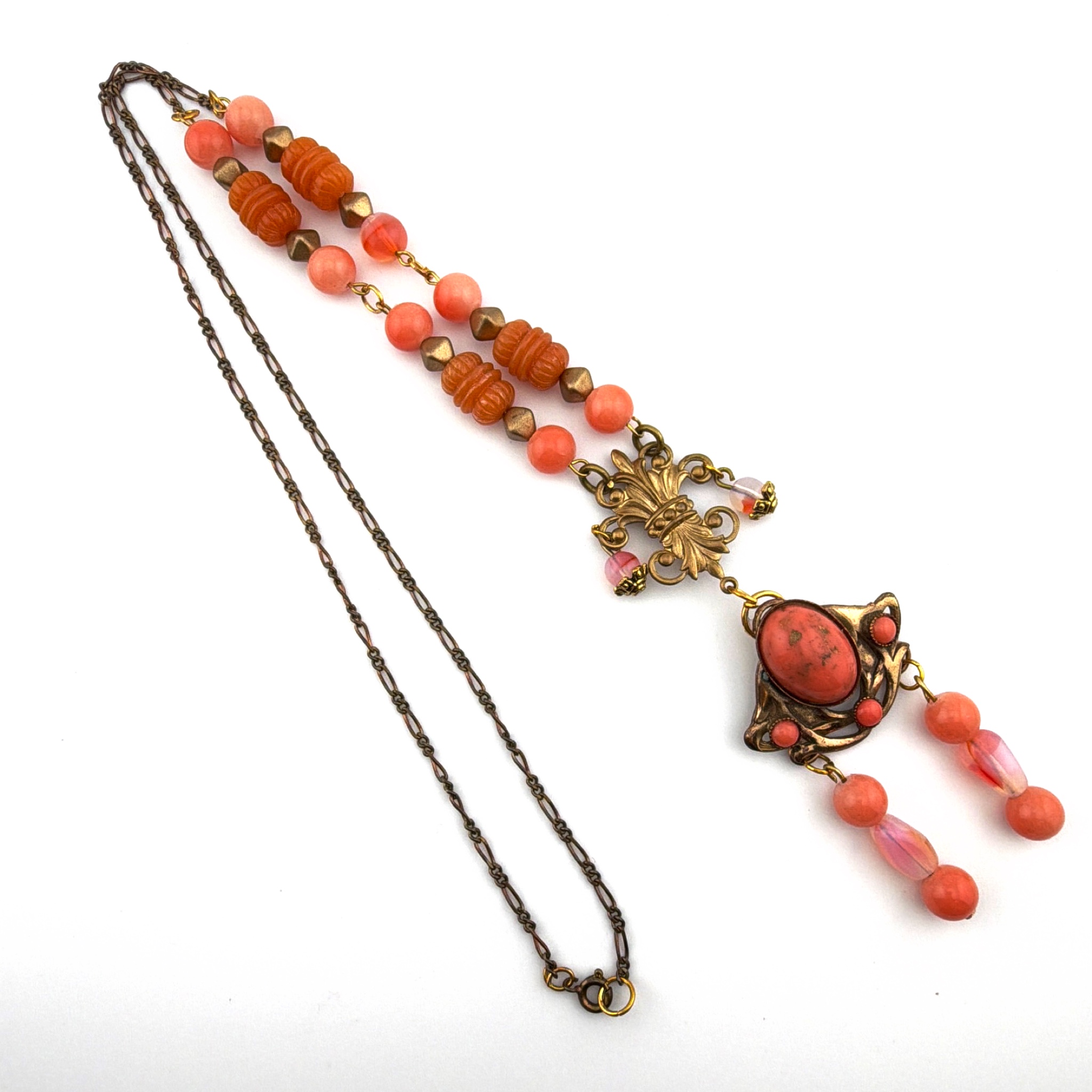 Art Nouveau Hand Made Custom 26in Gold Tone Coral Glass Bead Pendant Necklace 28.71g — Side