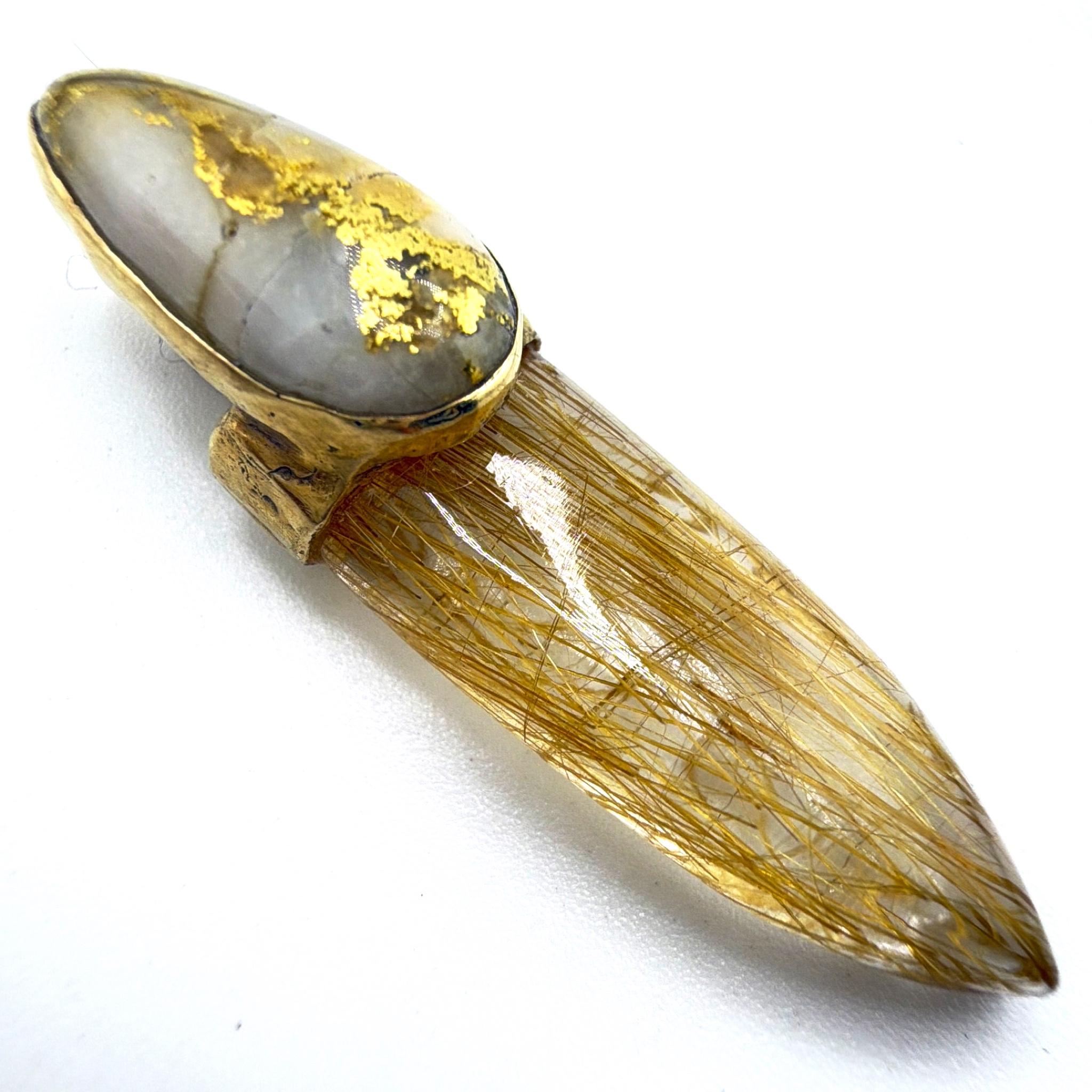 14K Gold Natural Gold-in-Quartz & Rutilated Quartz Modernist Brutalist Pendant 6.32g