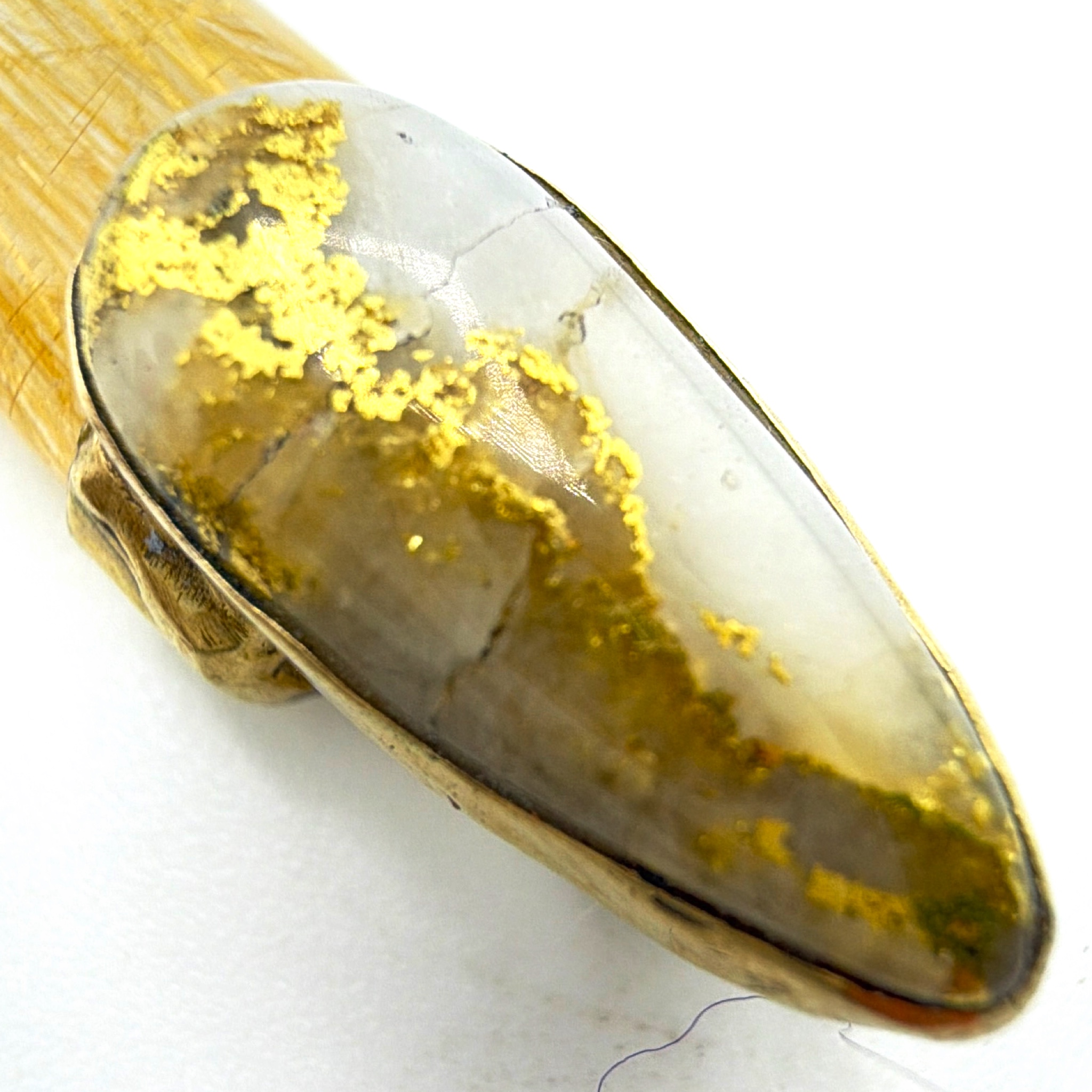 14K Gold Natural Gold-in-Quartz & Rutilated Quartz Modernist Brutalist Pendant 6.32g — Side