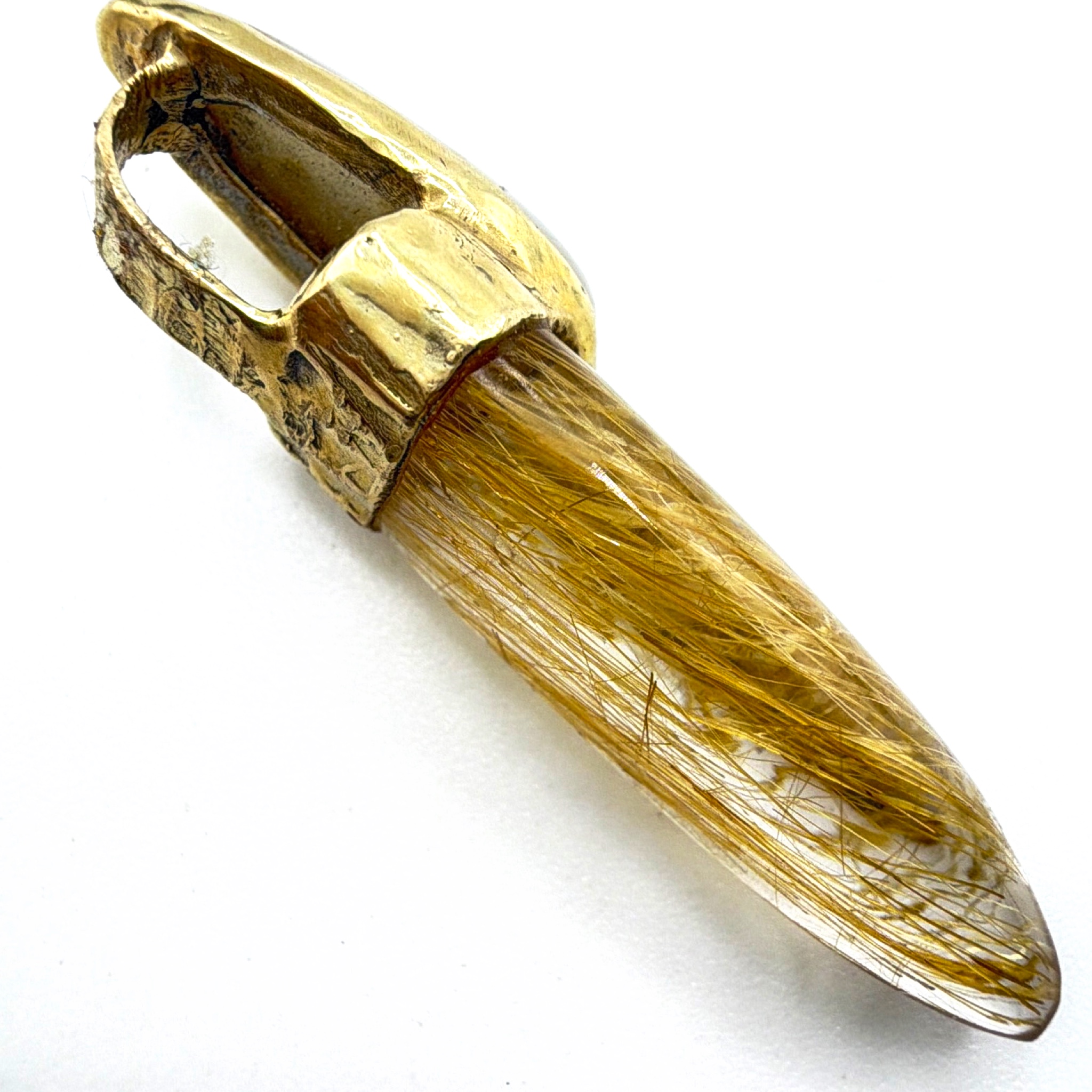 14K Gold Natural Gold-in-Quartz & Rutilated Quartz Modernist Brutalist Pendant 6.32g — Detail