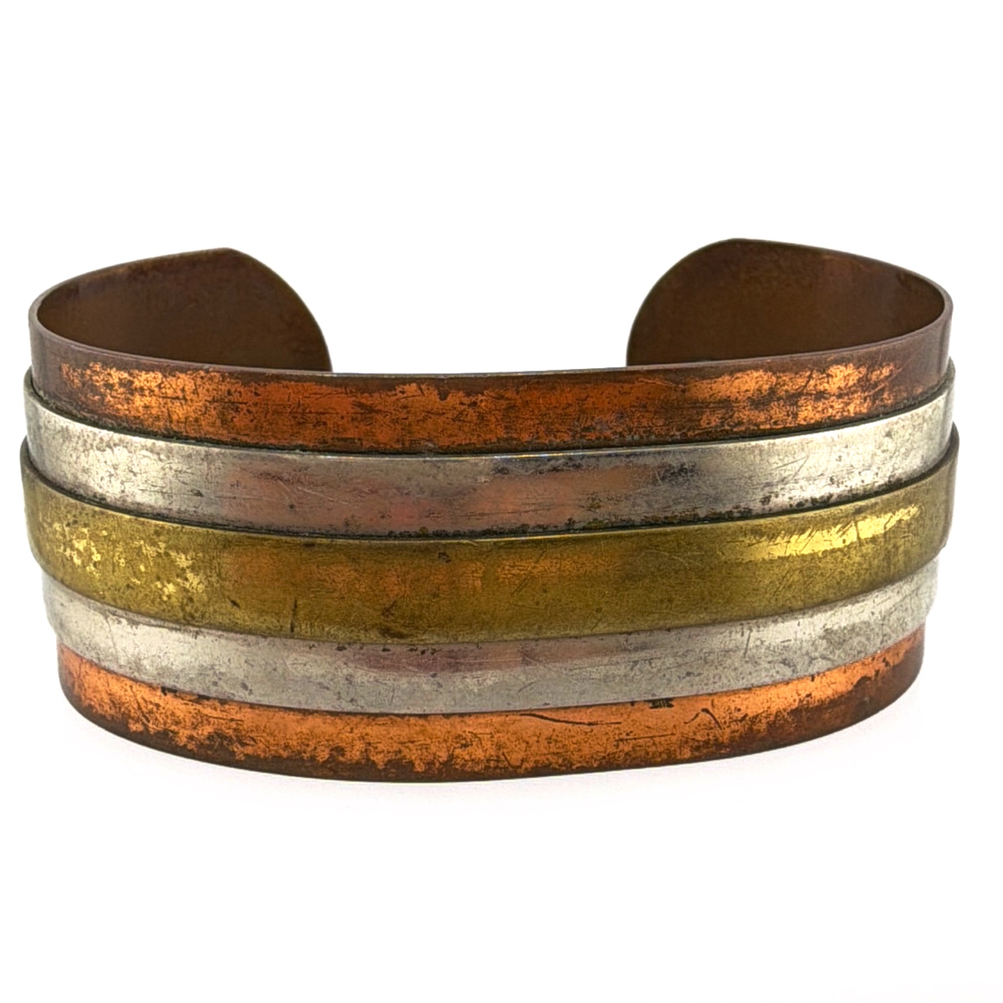 Vintage Modernist Mixed Metal Stacked Band Open Cuff Bracelet 38.84g 6-7in — Detail