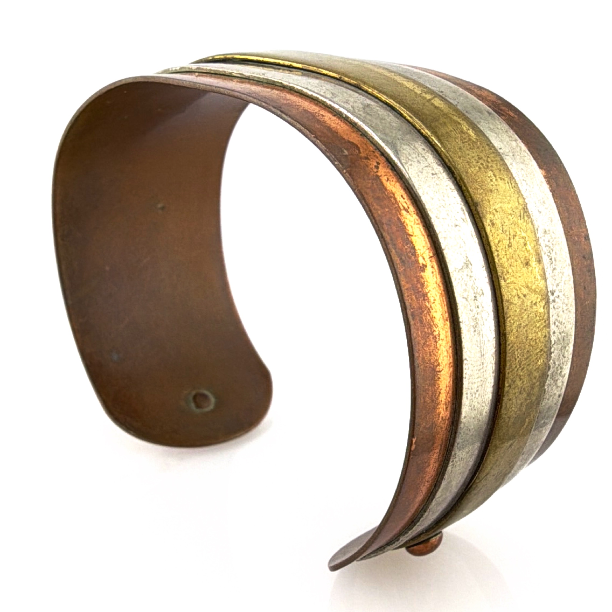Vintage Modernist Mixed Metal Stacked Band Open Cuff Bracelet 38.84g 6-7in — Side