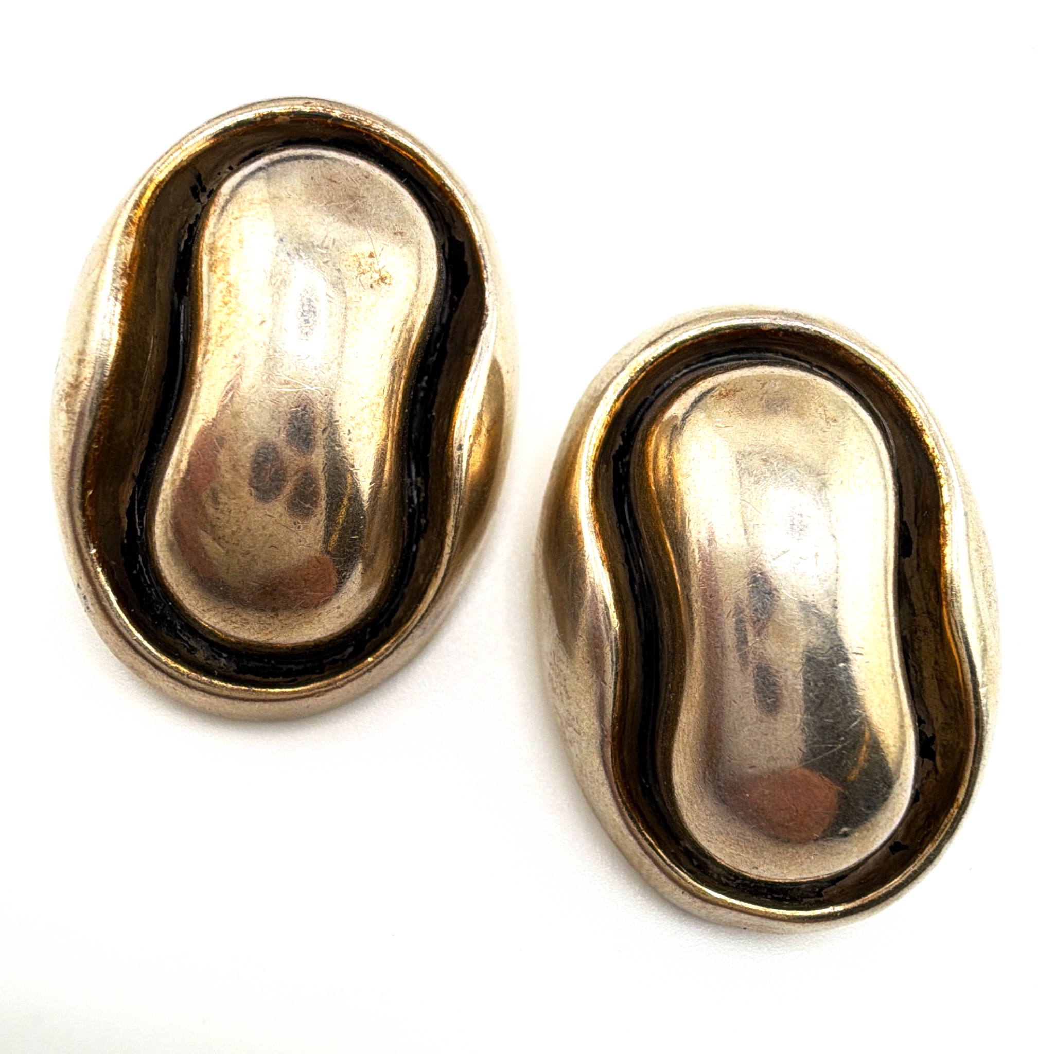 Mid-Century 50s–70s Modernist Sterling Mexico Gold-Wash Kidney Bean Clip Earrings 22.12g