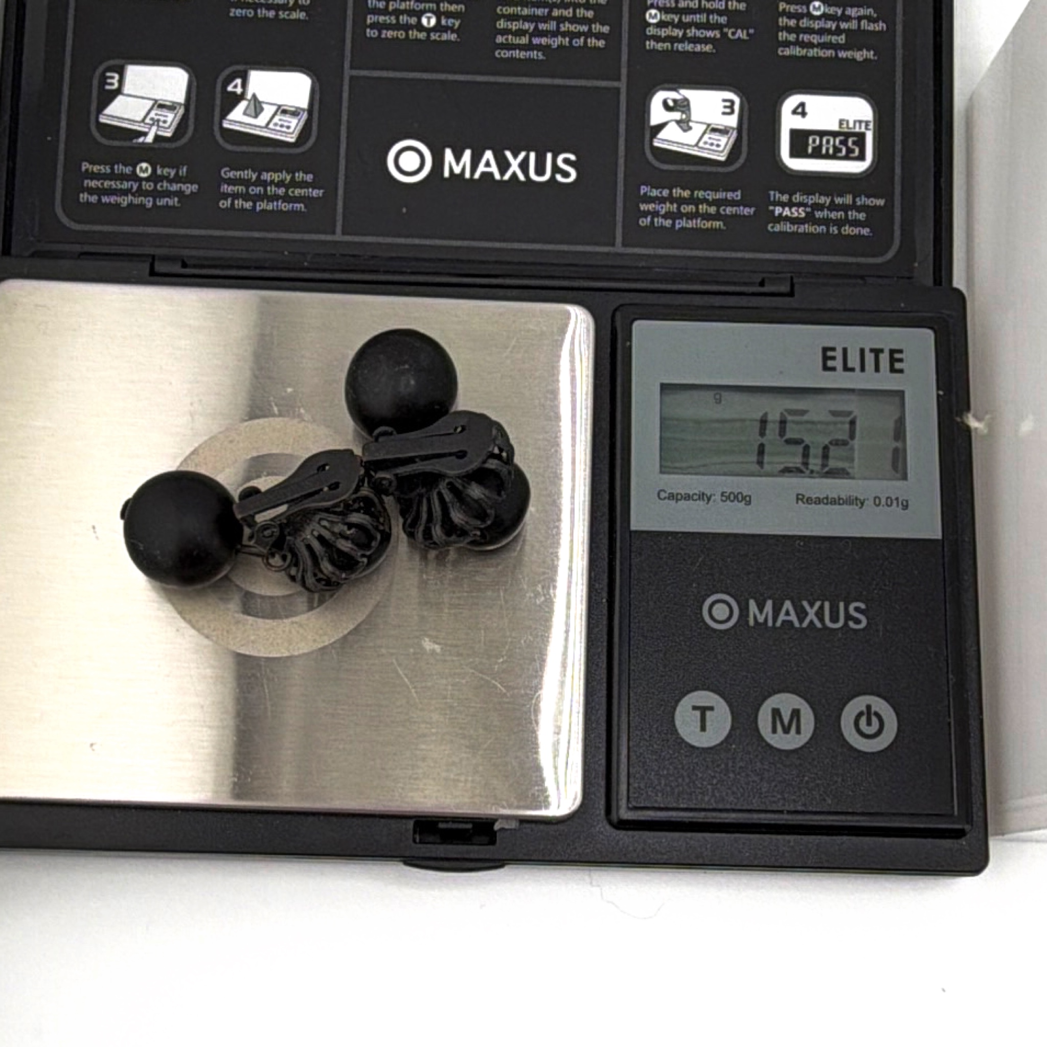 Mid-Century 50s–60s Signed Miriam Haskell Black Bead Filigree Earrings 15.21g — For scale