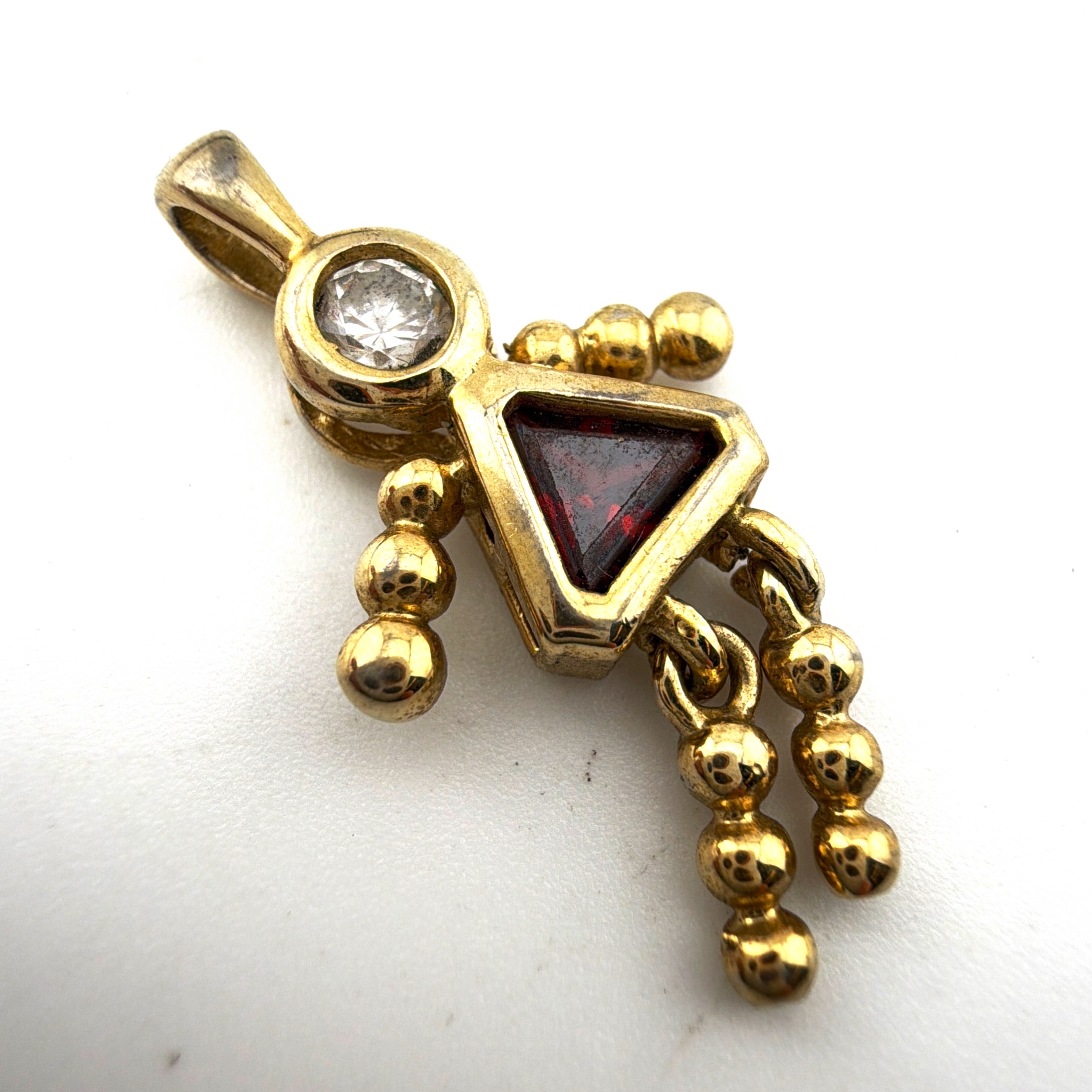 80s–90s 1.125 in Gold Plated Sterling Silver Red & Clear CZ Articulated Girl Doll Charm Pendant 2.74g
