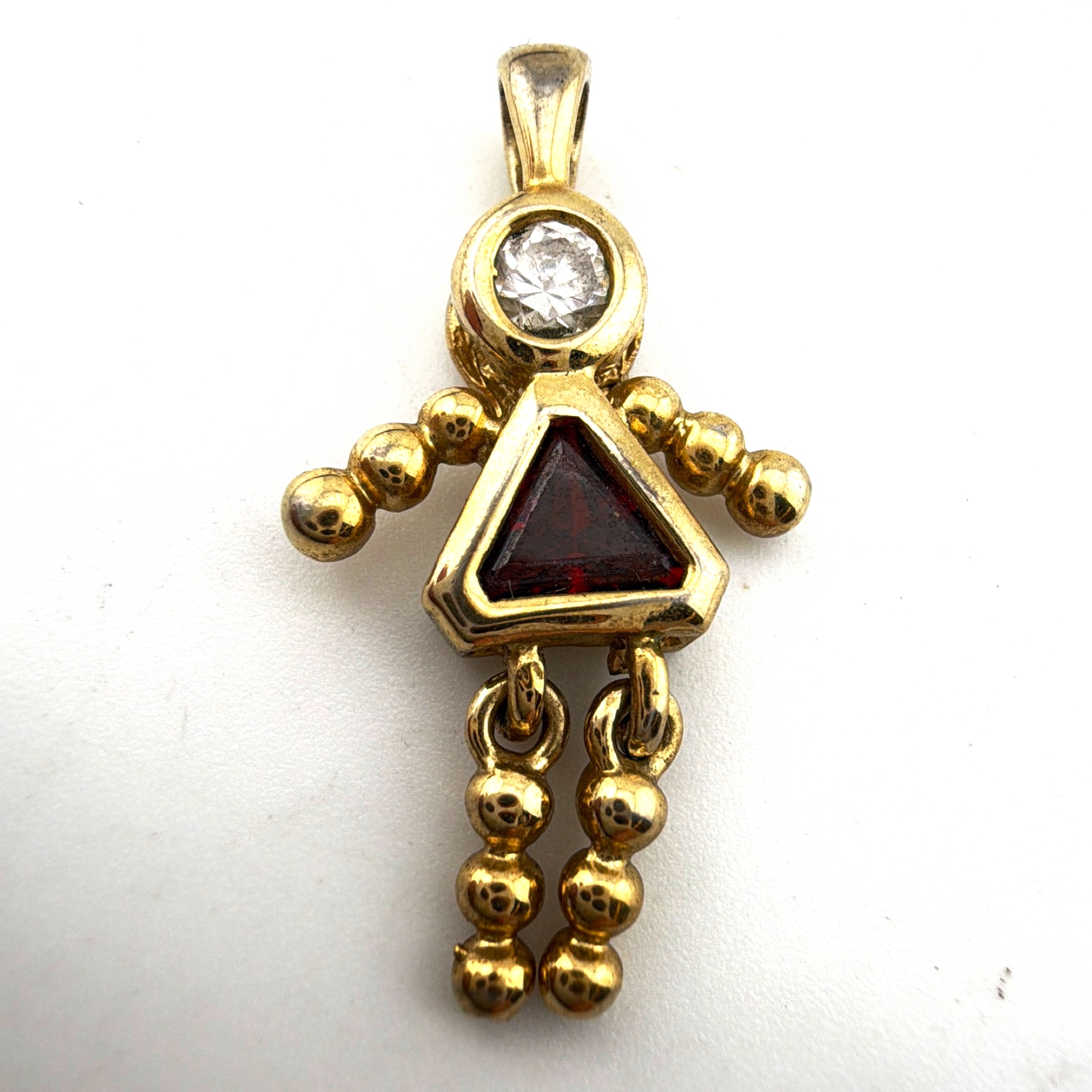 80s–90s 1.125 in Gold Plated Sterling Silver Red & Clear CZ Articulated Girl Doll Charm Pendant 2.74g — Front