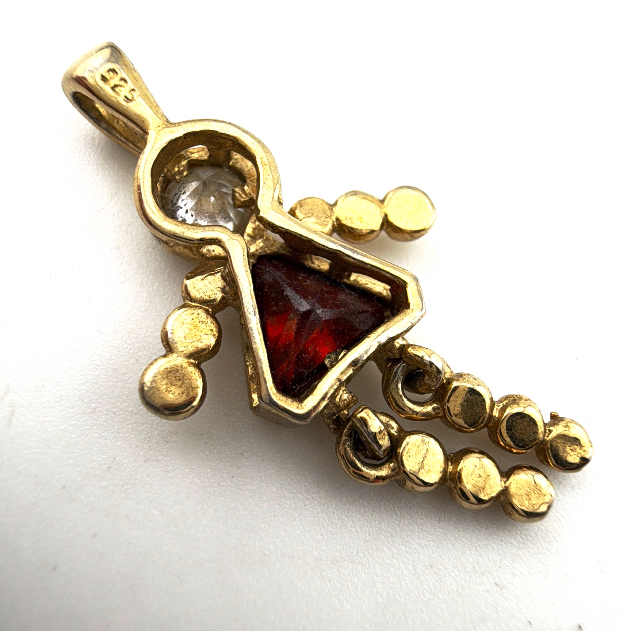 80s–90s 1.125 in Gold Plated Sterling Silver Red & Clear CZ Articulated Girl Doll Charm Pendant 2.74g — Back