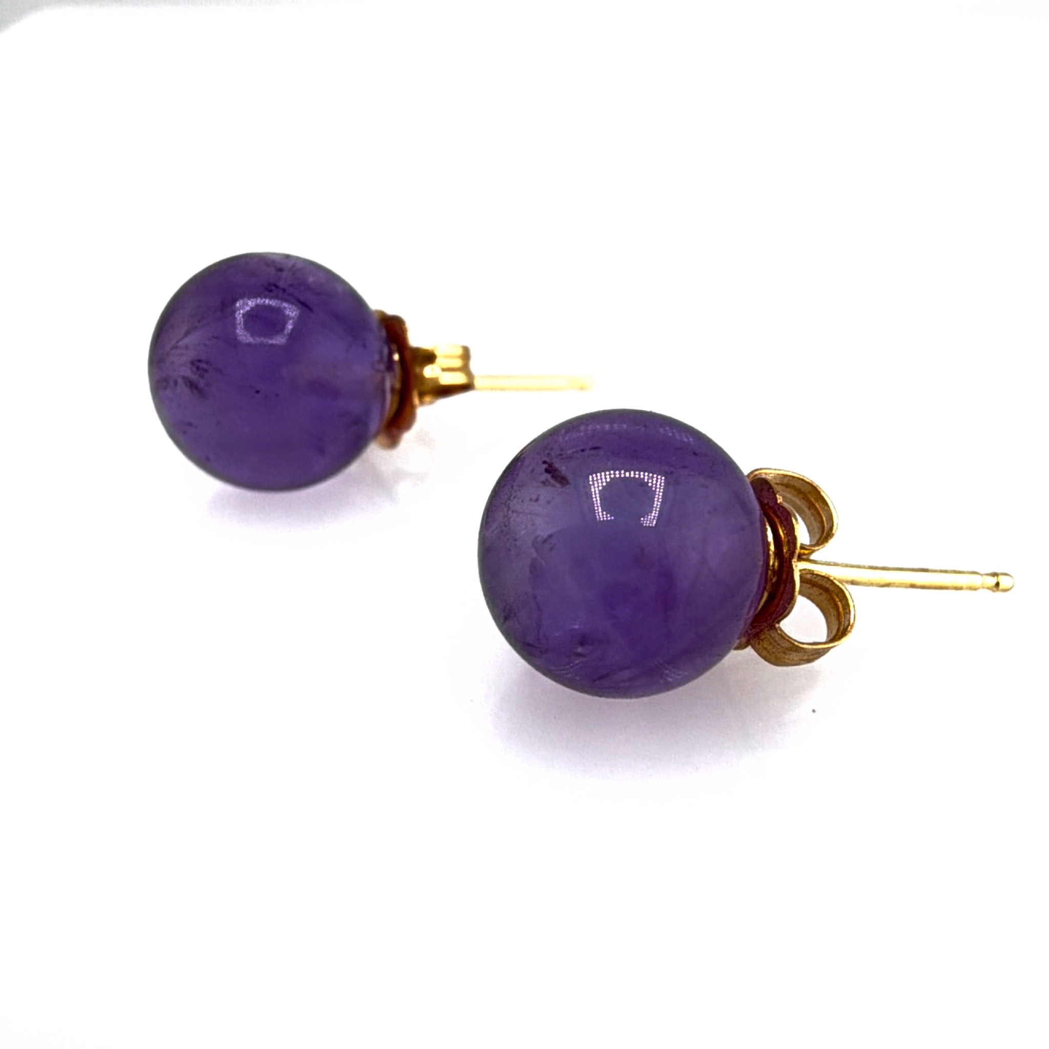 14K Gold Amethyst Ball Stud Earrings, Gold Tone Posts 1.59g — Back