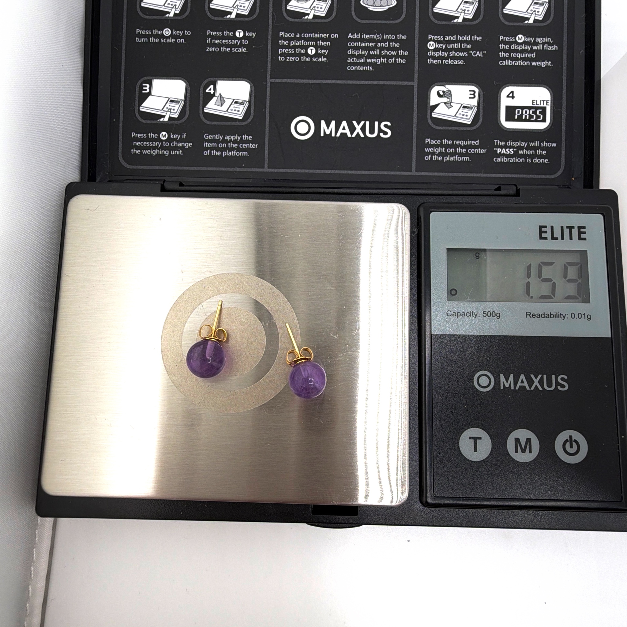 14K Gold Amethyst Ball Stud Earrings, Gold Tone Posts 1.59g — For scale