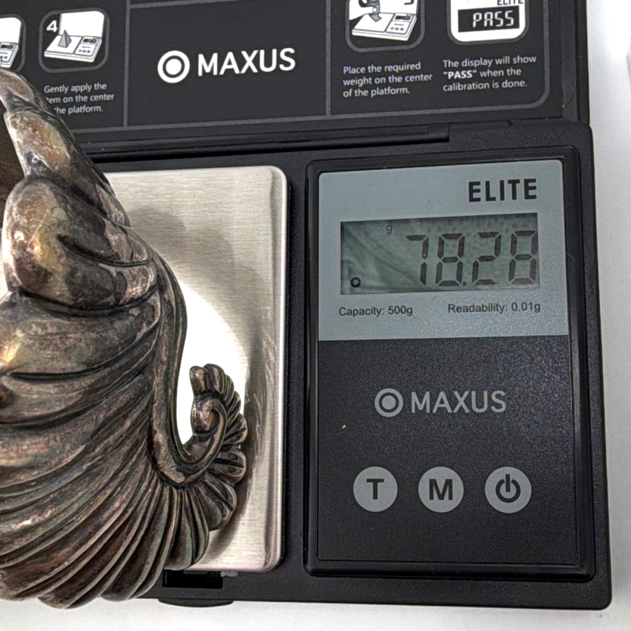 Retro 30s–50s Taxco Sterling Sculptural Shell Bypass Cuff 78.28g 2.2 in — For scale