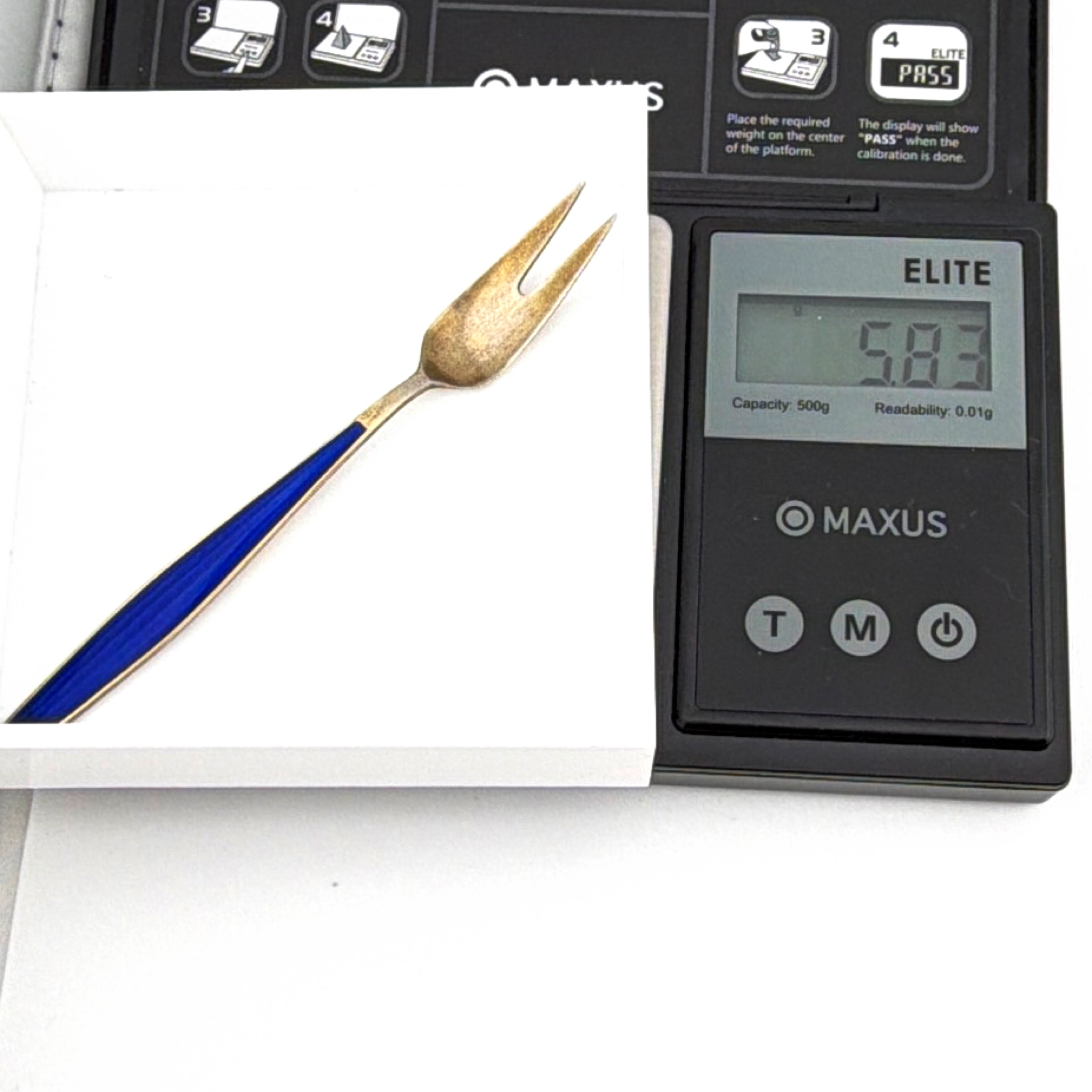 Mid-Century 50s–60s J.T. Norway Sterling Blue Enamel Cocktail Fork 5.83g — For scale