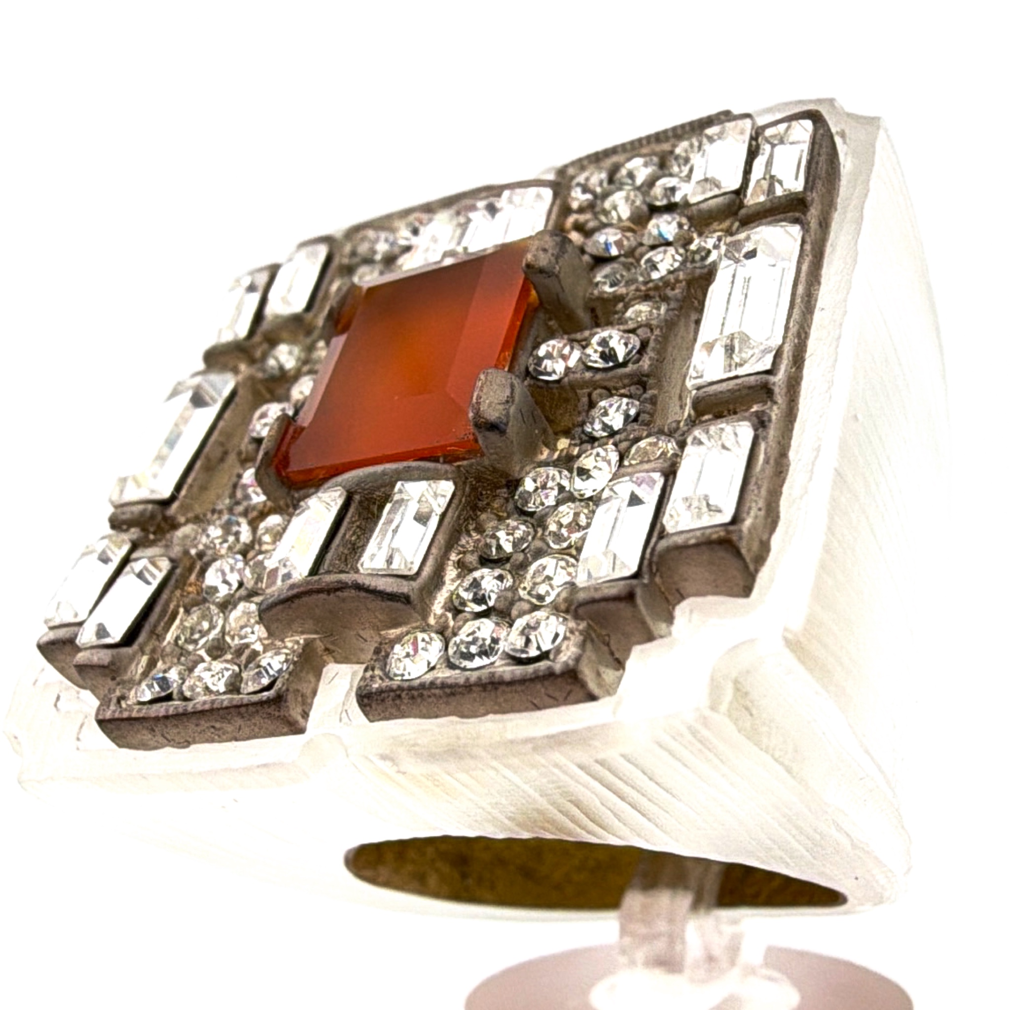 Alexis Bittar Clear Lucite Silver Tone Size 7.5 Amber Glass Statement Ring 23.33g — Front