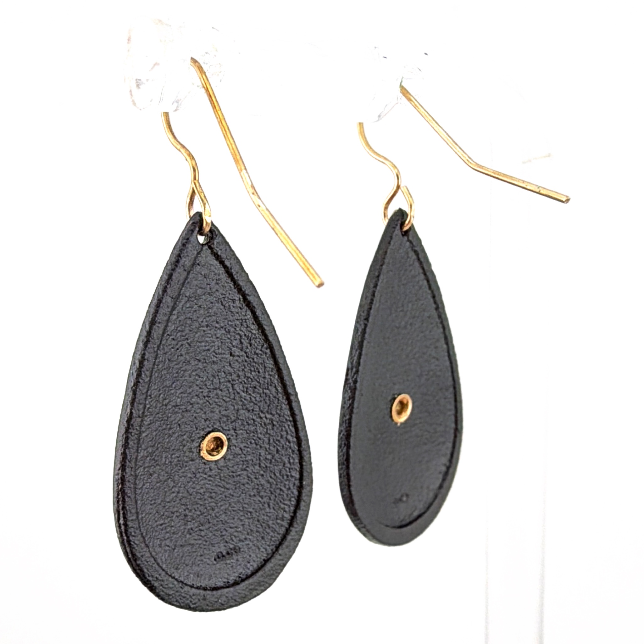 Coleman Co. Gold Tone Black Leather Tri-Color 1.625 in Leaf Scroll Teardrop Dangle Earrings — Front