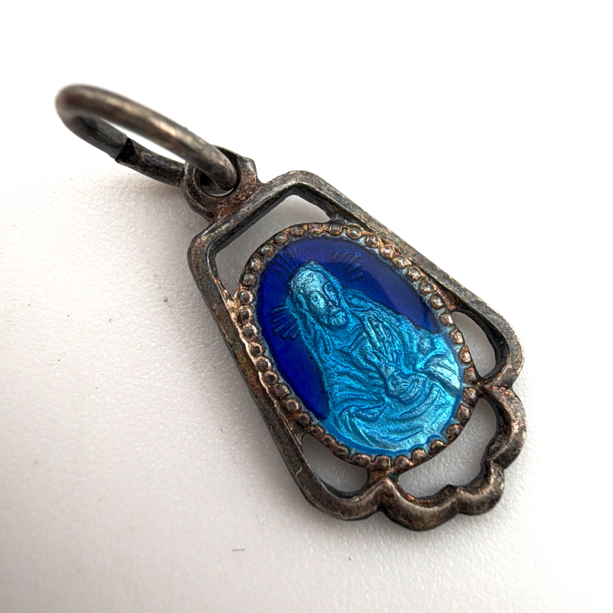 Mid-Century 50s–60s Sterling Enamel Religious Medal Pendant & Silver Tone Ring Lot 20.76g — Front