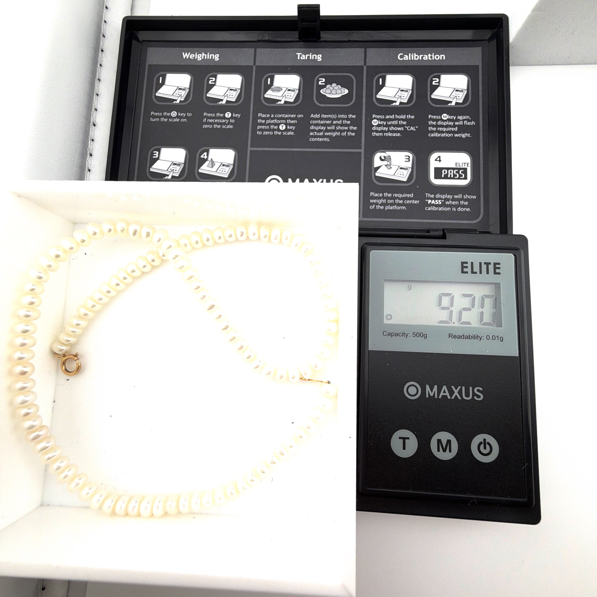 80s–90s 13 in 14K Gold PPC Cultured Pearl Choker Necklace 9.20g — For scale