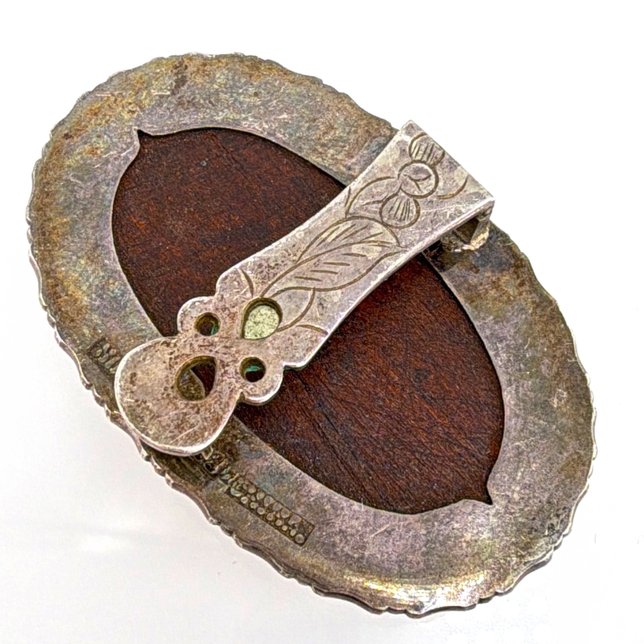 Art Deco 20s–40s Chinese Export Sterling Silver Carved Wood Floral Dress Clip — Back