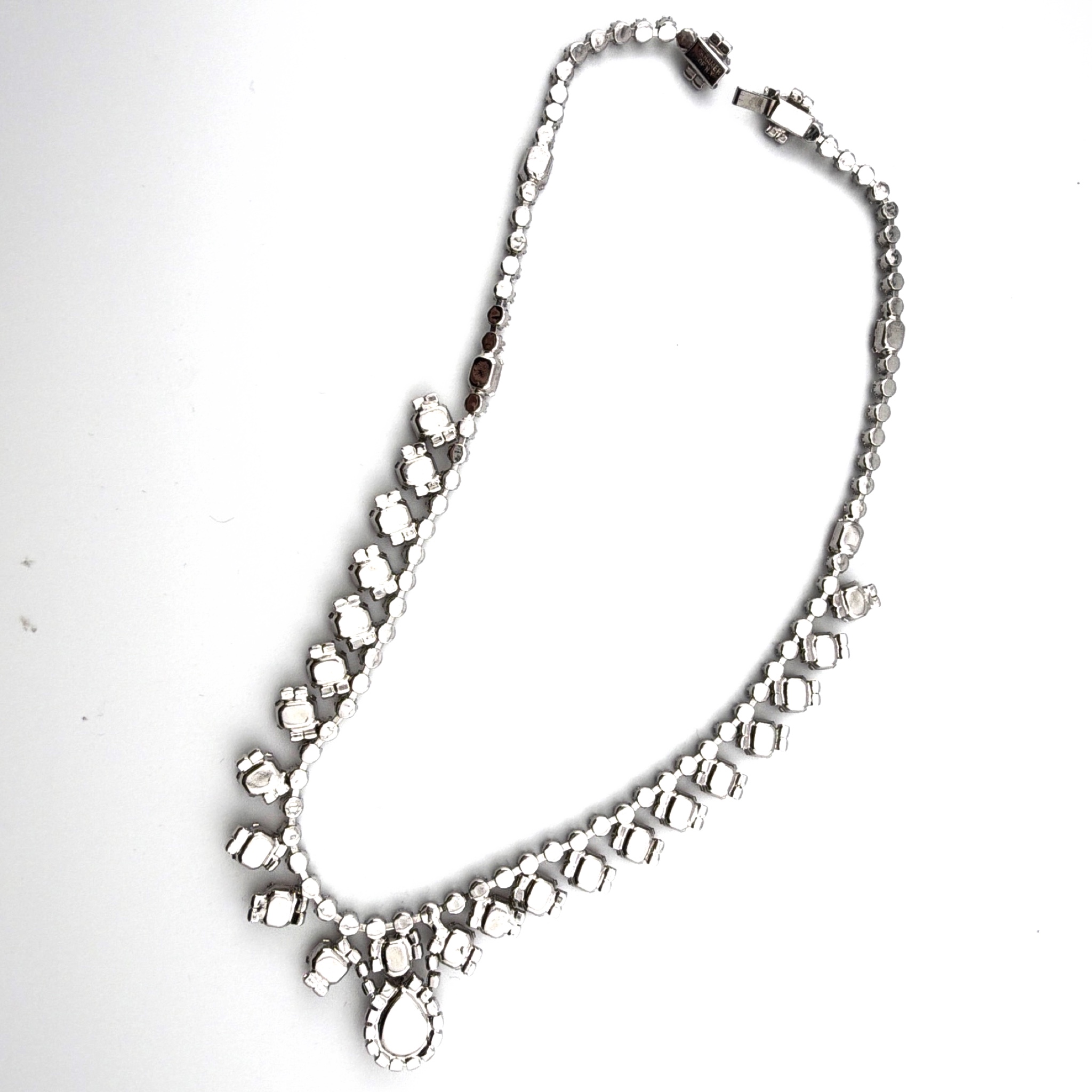 $ Mid-Century 50s–60s Kramer of New York 18in Topaz and Clear Rhinestone Teardrop Fringe Necklace — Front