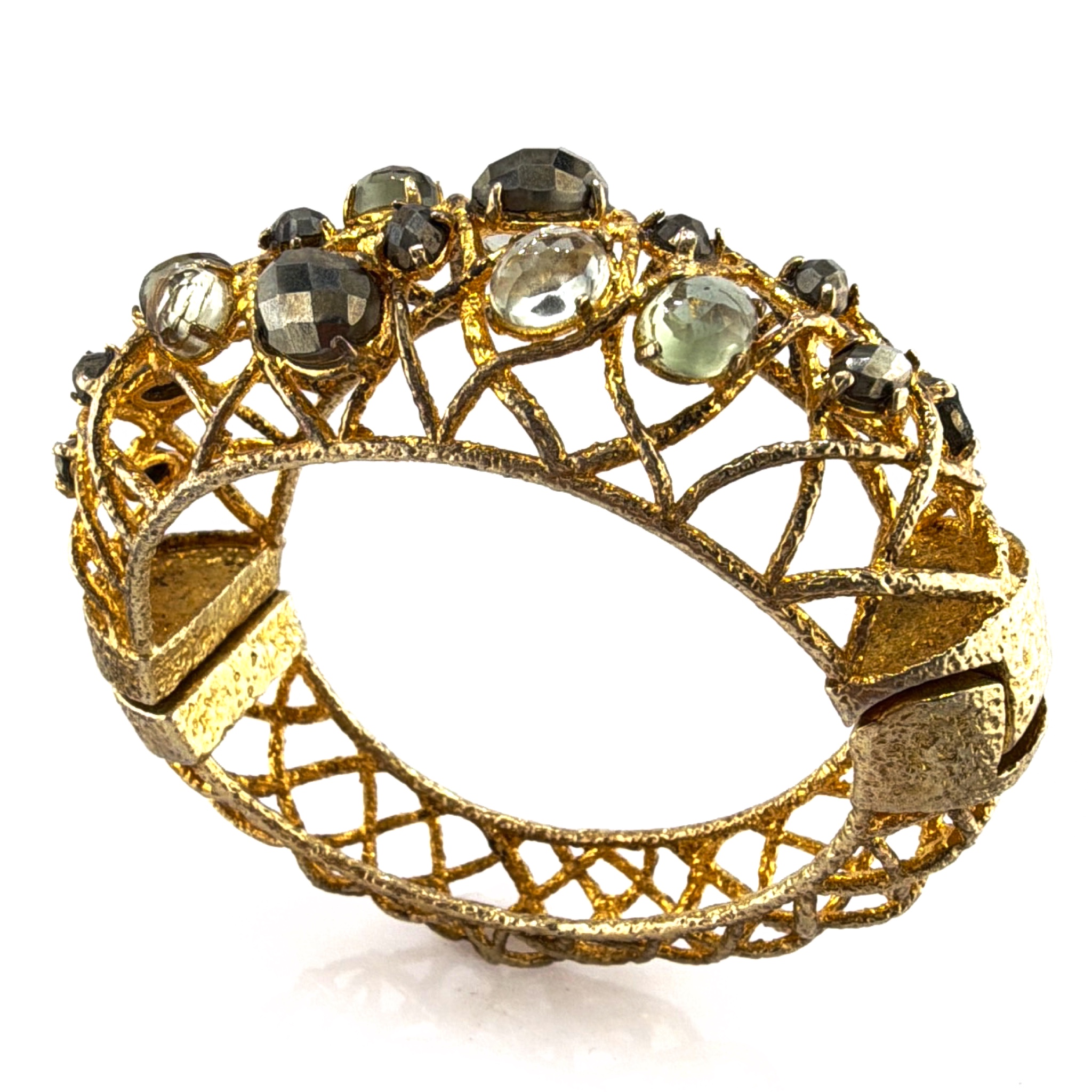 Alexis Bittar Gold Tone Brutalist Natural Stone Crystal Hinged Bangle 64.91g 7 in — Front