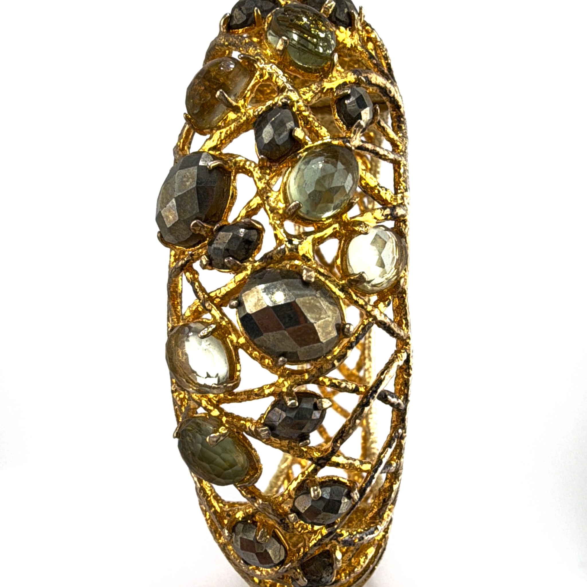 Alexis Bittar Gold Tone Brutalist Natural Stone Crystal Hinged Bangle 64.91g 7 in — Side