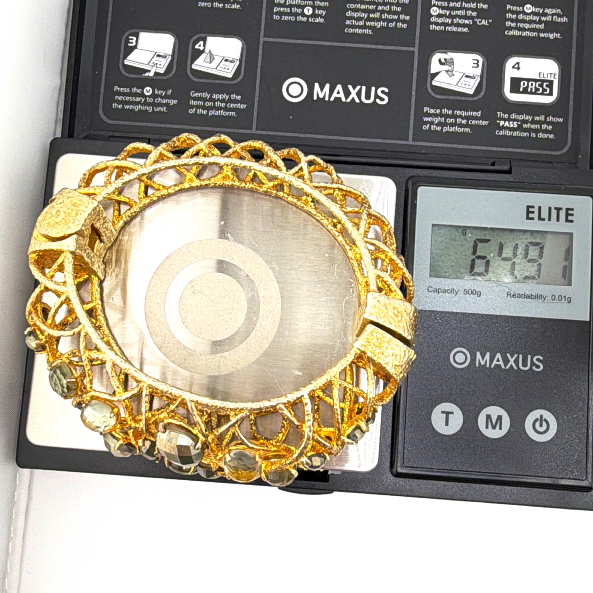 Alexis Bittar Gold Tone Brutalist Natural Stone Crystal Hinged Bangle 64.91g 7 in — For scale