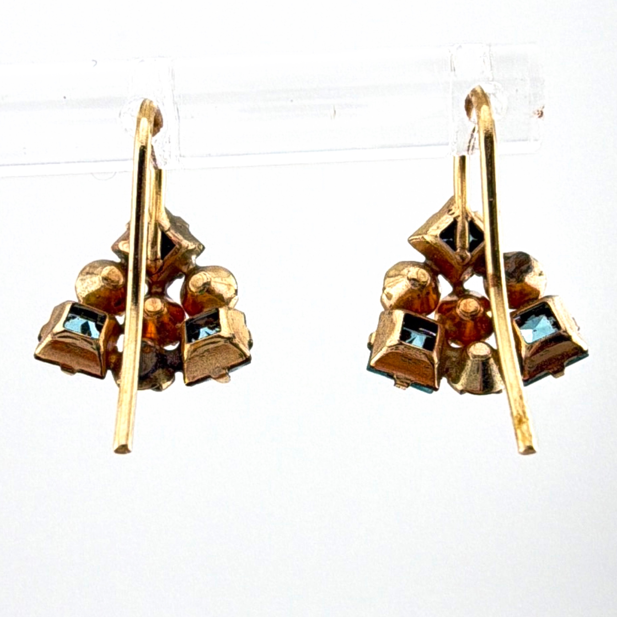 Retro 30s–50s Gold Tone Blue & Clear Rhinestone Cluster Drop Earrings 1.95g — Back