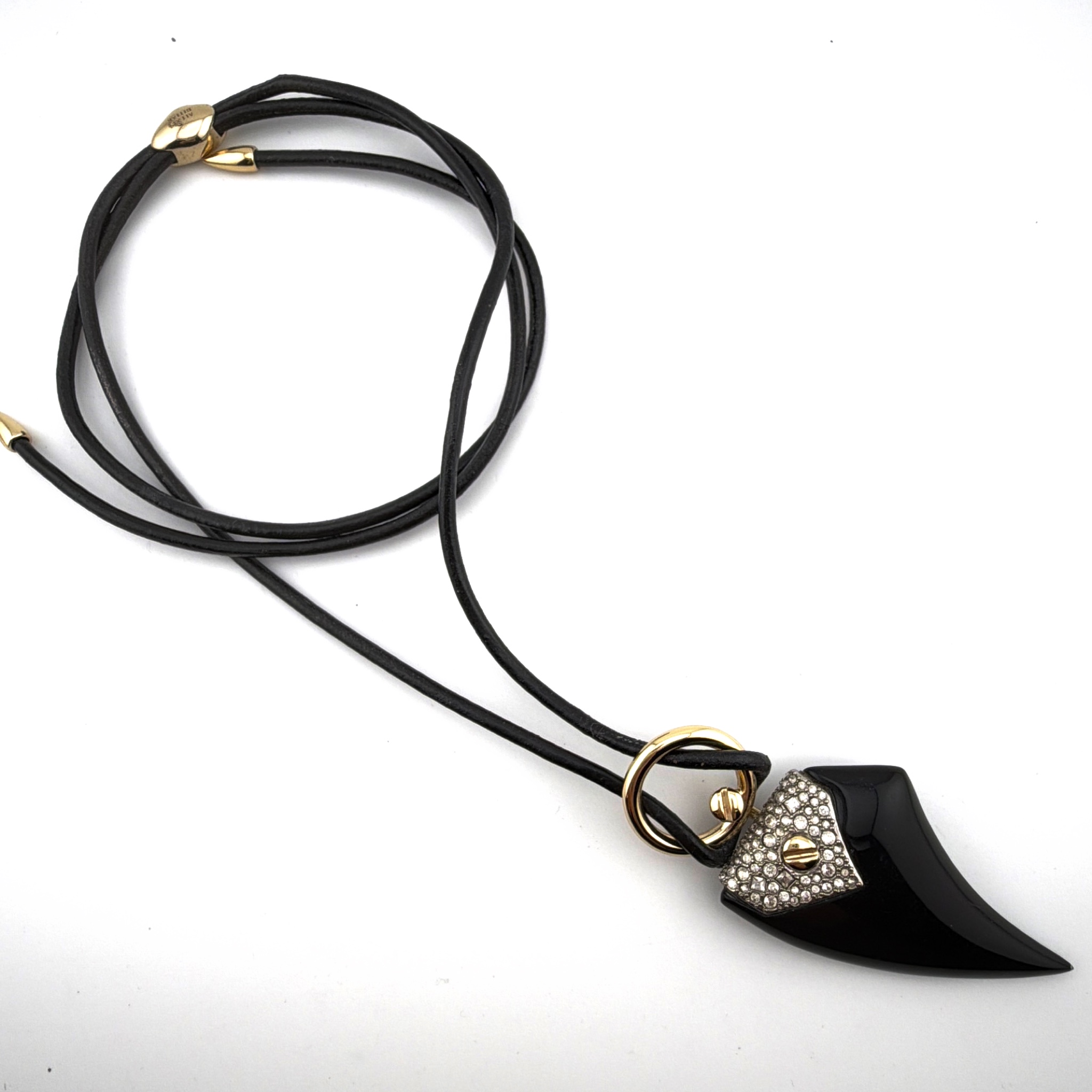 Alexis Bittar Gold Tone 30in Pavé Crystal Black Lucite Claw Pendant Leather Cord Necklace 24.31g — Side