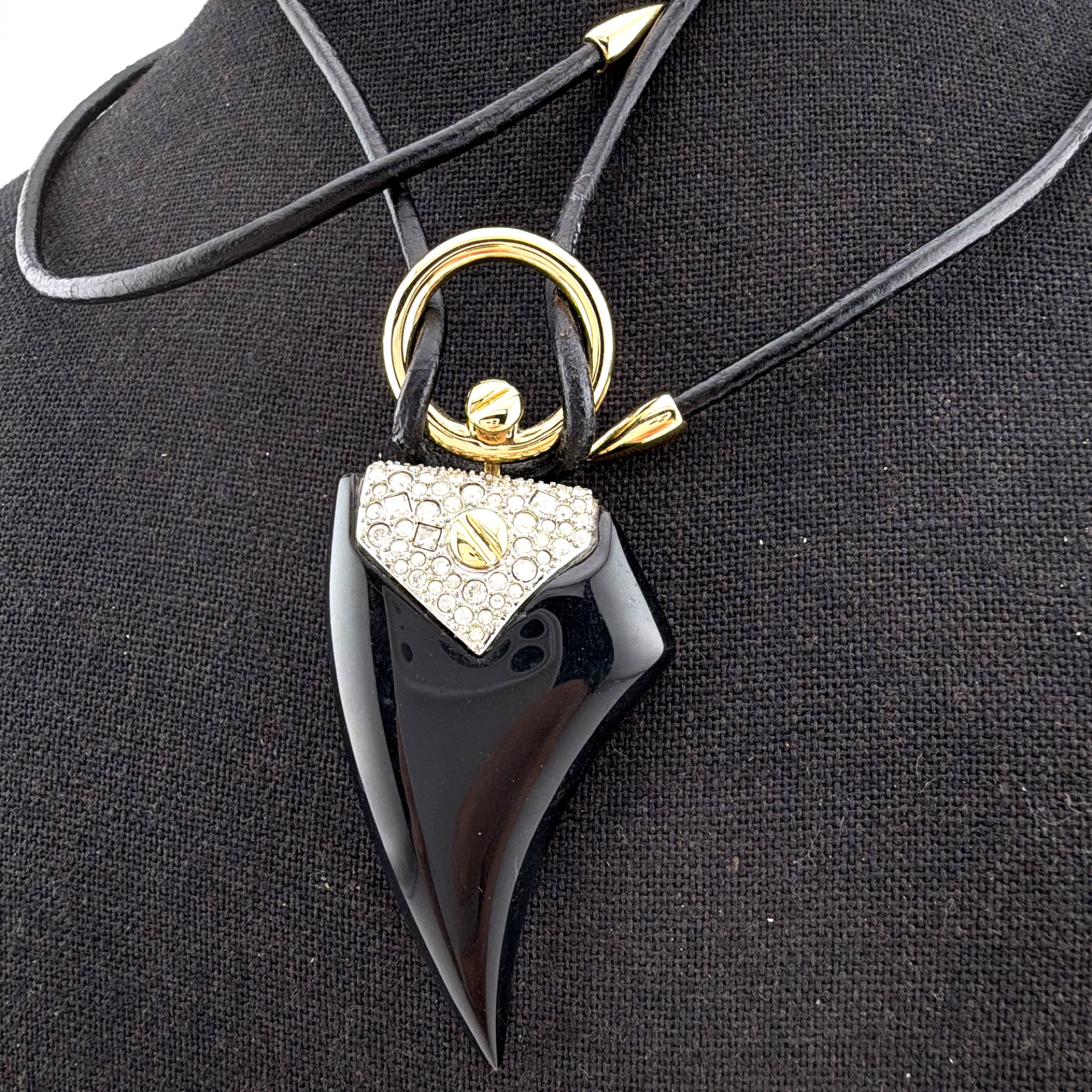 Alexis Bittar Gold Tone 30in Pavé Crystal Black Lucite Claw Pendant Leather Cord Necklace 24.31g — Detail