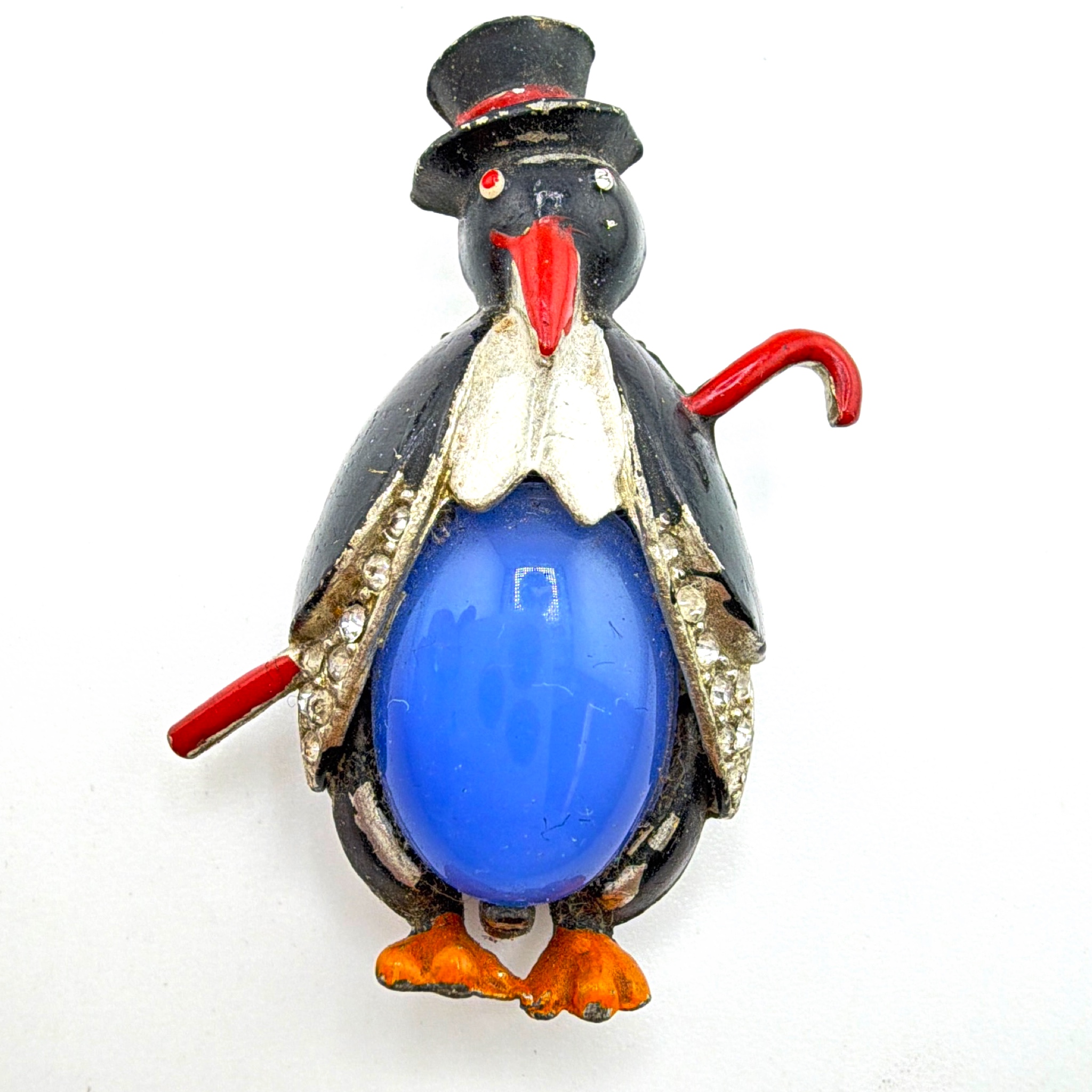 Art Deco 30s–40s Coro Mr. Penguin Fur Clip, Blue Glass Belly 15.00g — Front