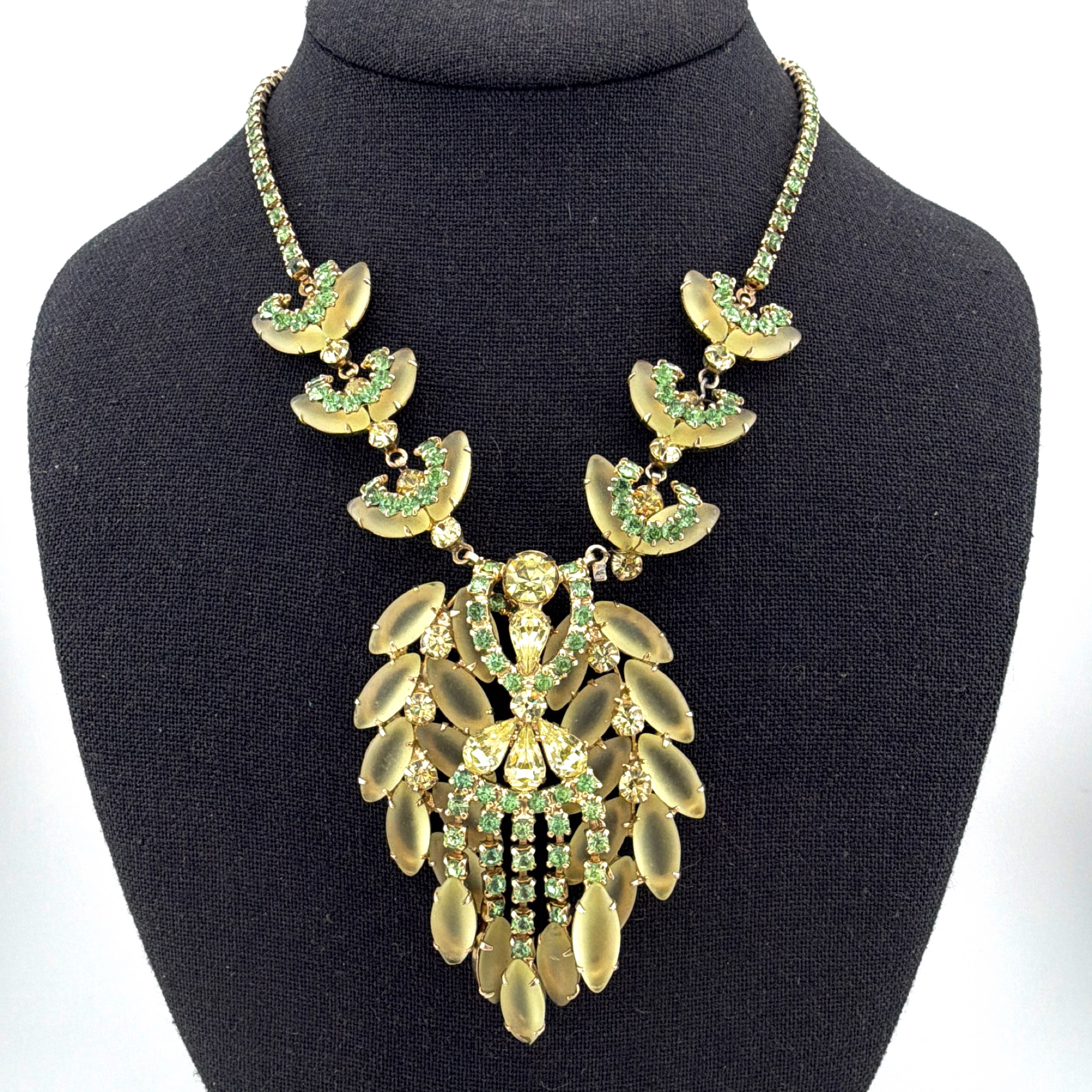 Mid-Century 50s–60s Gold Tone Frosted Glass & Green Rhinestone Statement Necklace
