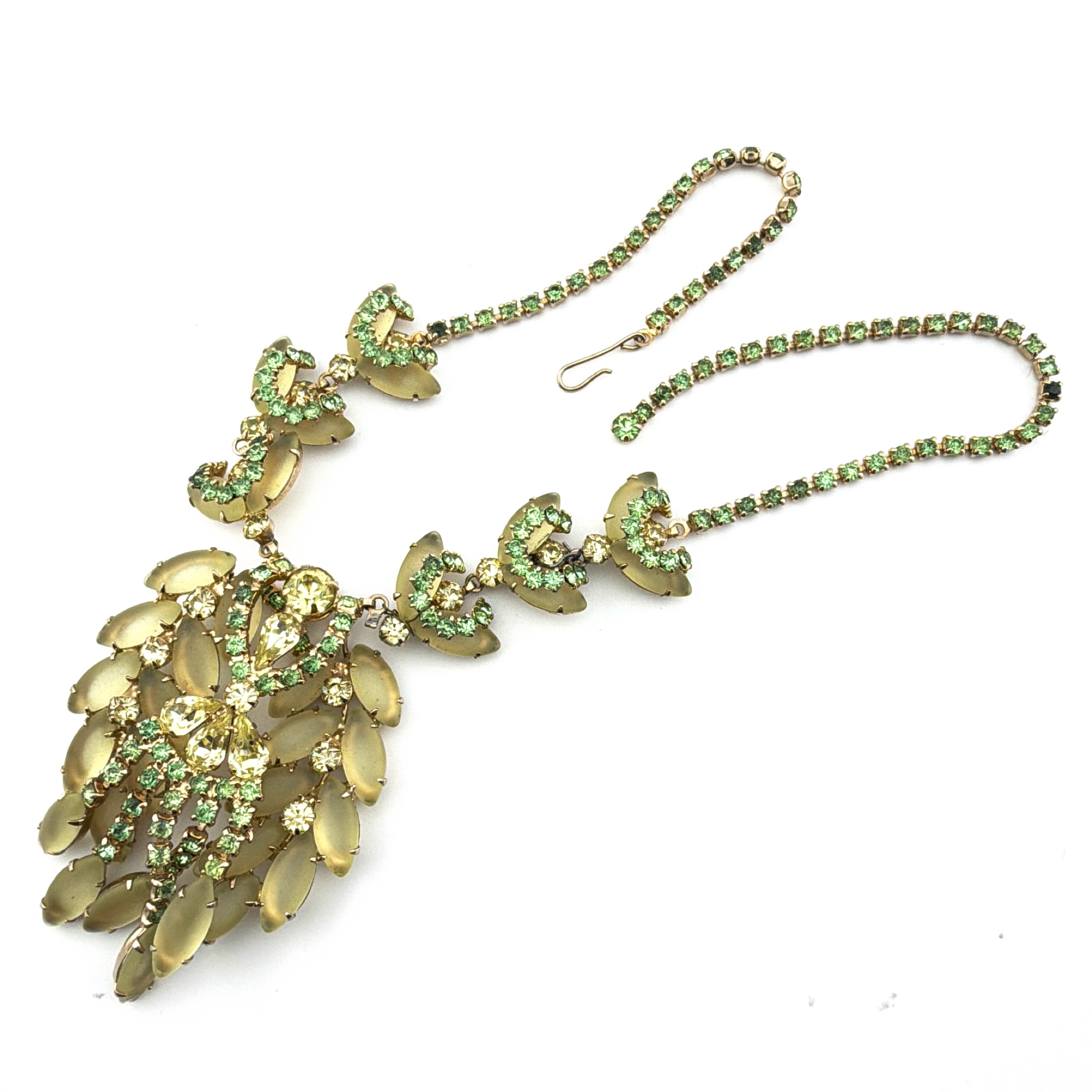 Mid-Century 50s–60s Gold Tone Frosted Glass & Green Rhinestone Statement Necklace — Front