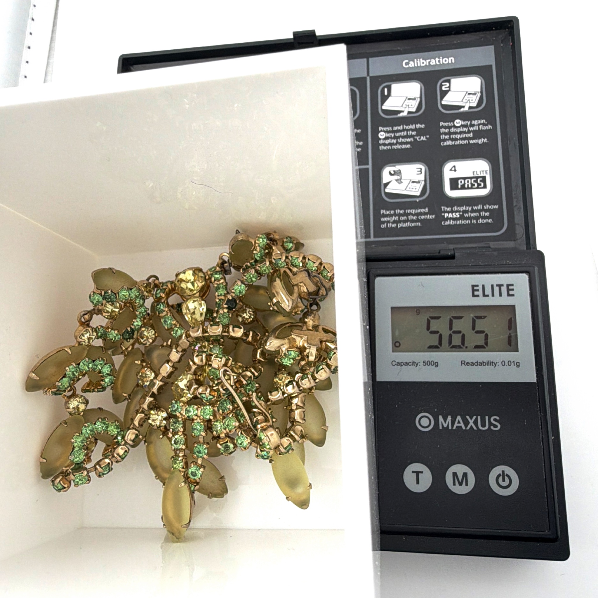 Mid-Century 50s–60s Gold Tone Frosted Glass & Green Rhinestone Statement Necklace — For scale
