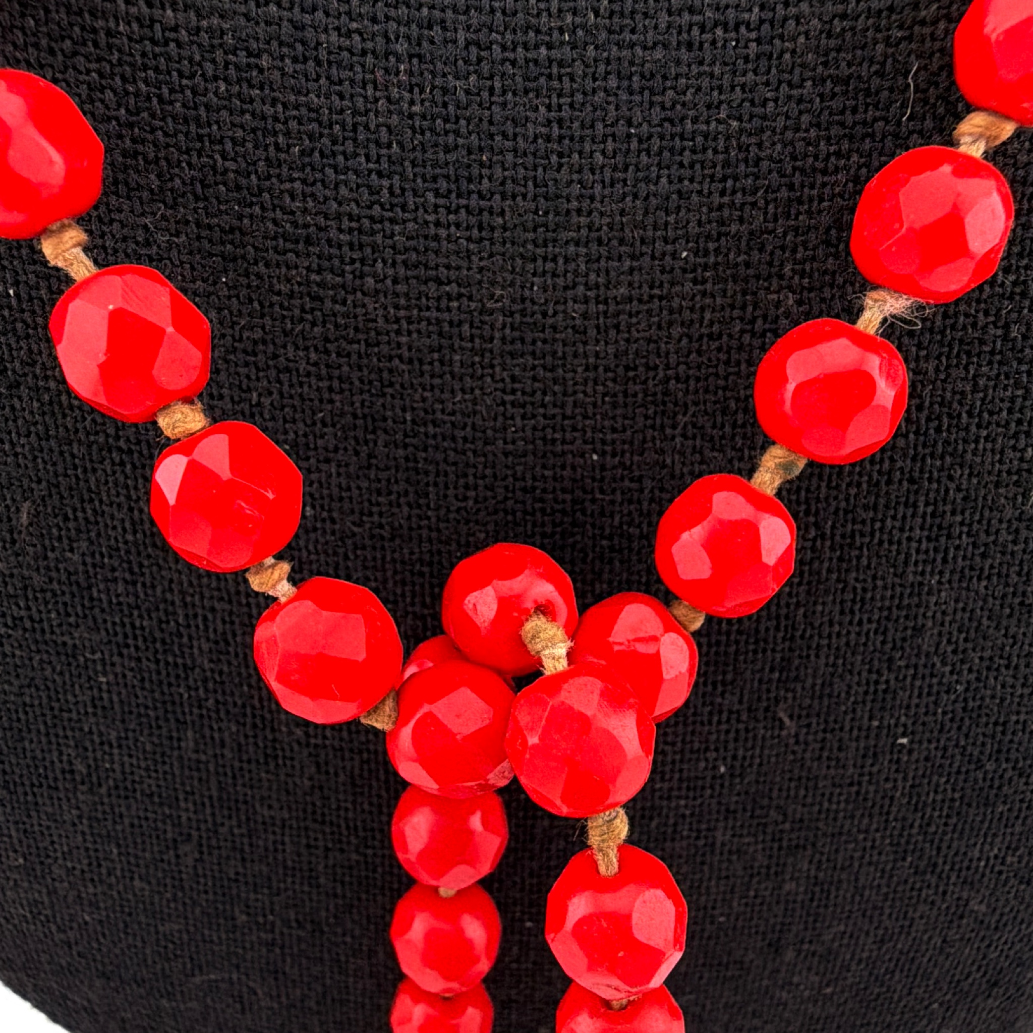 Retro 30s–50s Red Czech Glass Faceted Bead Necklace, Long Strand 58 in — Front