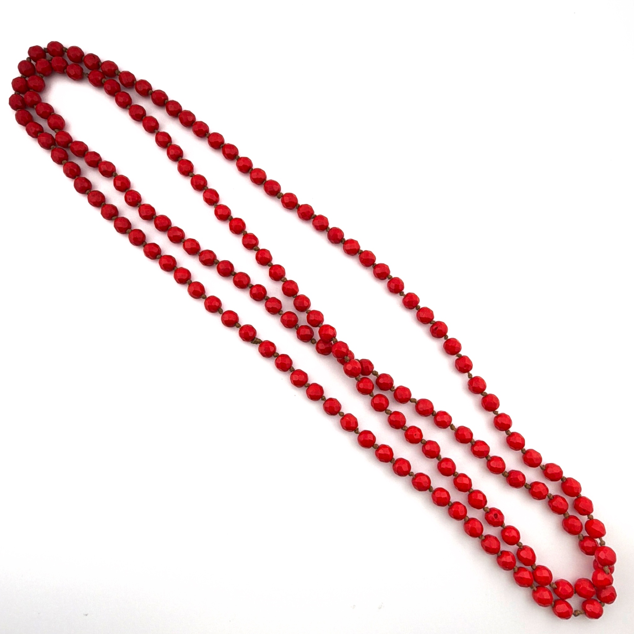 Retro 30s–50s Red Czech Glass Faceted Bead Necklace, Long Strand 58 in — Front