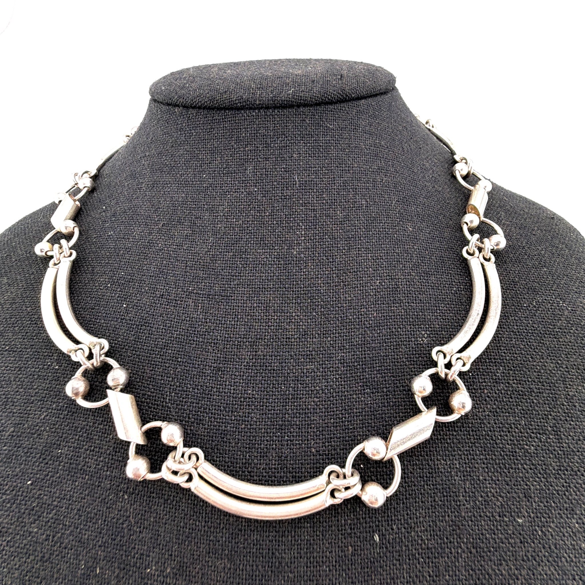 Vintage Sterling Modernist Curved 18in Bar & Bead Link Toggle Necklace 45.08g