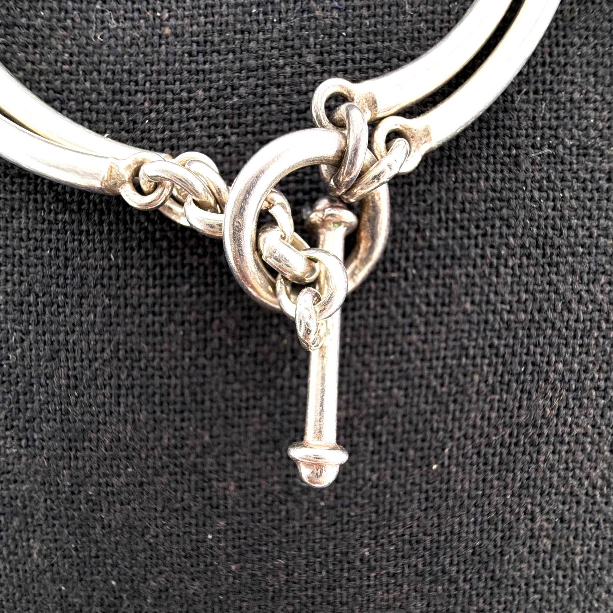Vintage Sterling Modernist Curved 18in Bar & Bead Link Toggle Necklace 45.08g — Detail