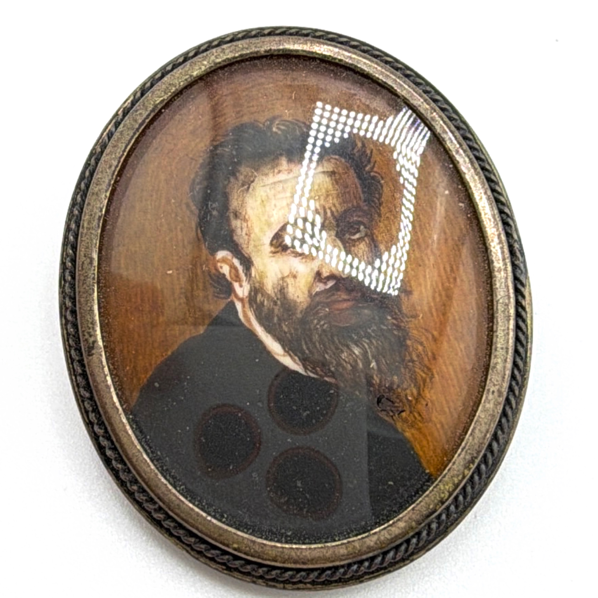 800 Silver Hand-Painted Portrait of Michelangelo Miniature Brooch Pendant 6.63g — Detail