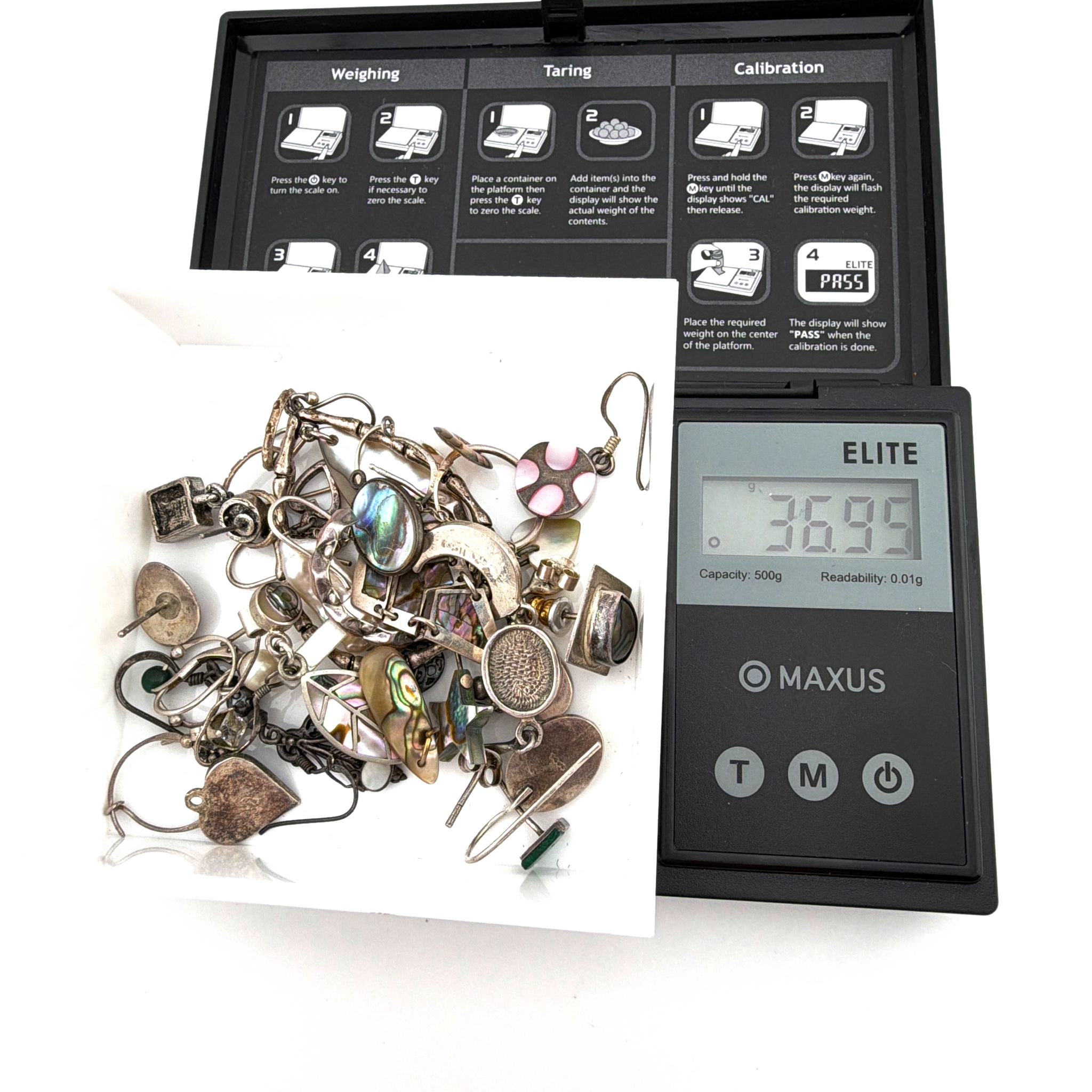Mixed Silver Tone Abalone Shell Orphan Earrings & Charms Lot 36.95g — For scale