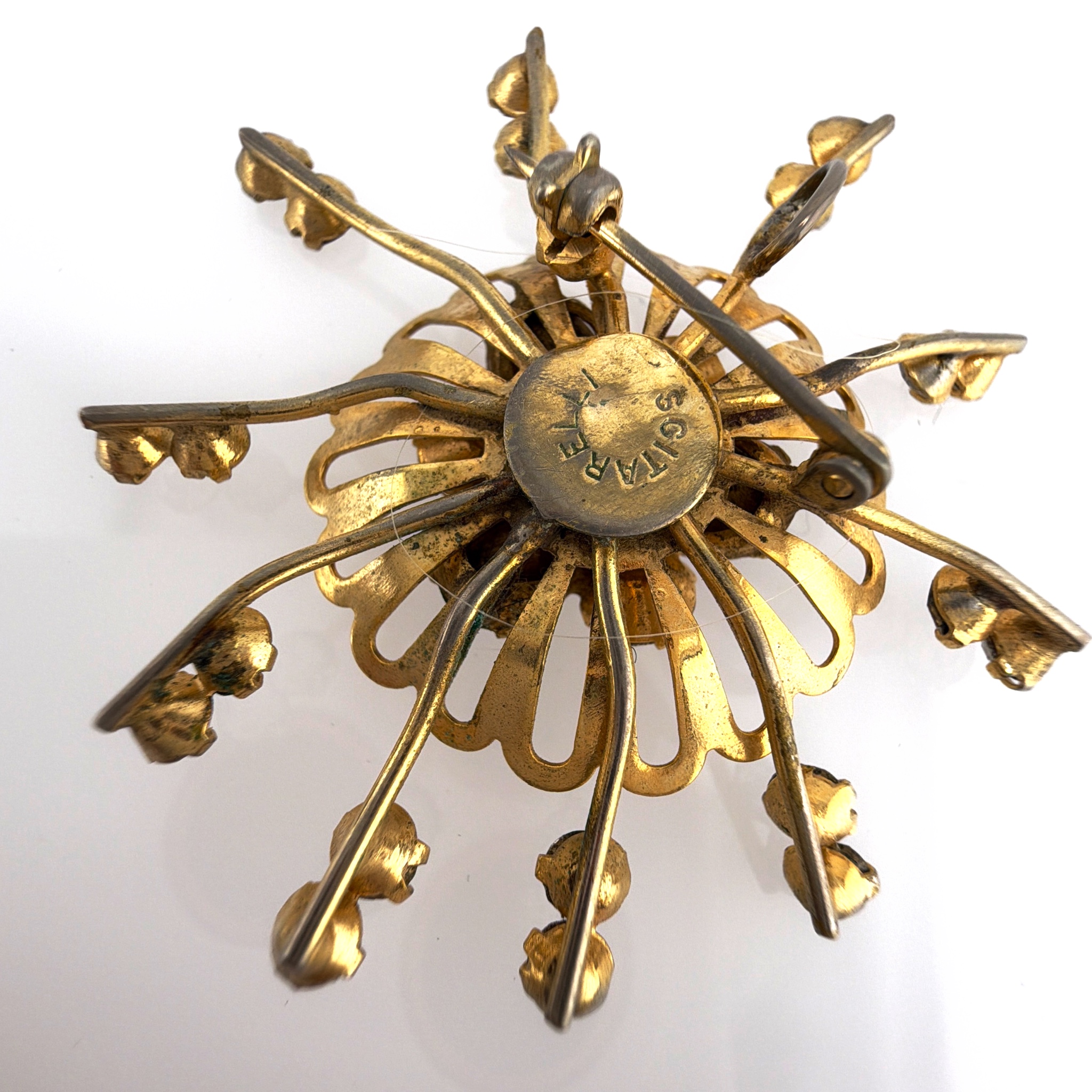 Retro 30s–50s Gold Tone Blue Rhinestone Scitarelli Starburst Brooch Pendant 5.21g — Back