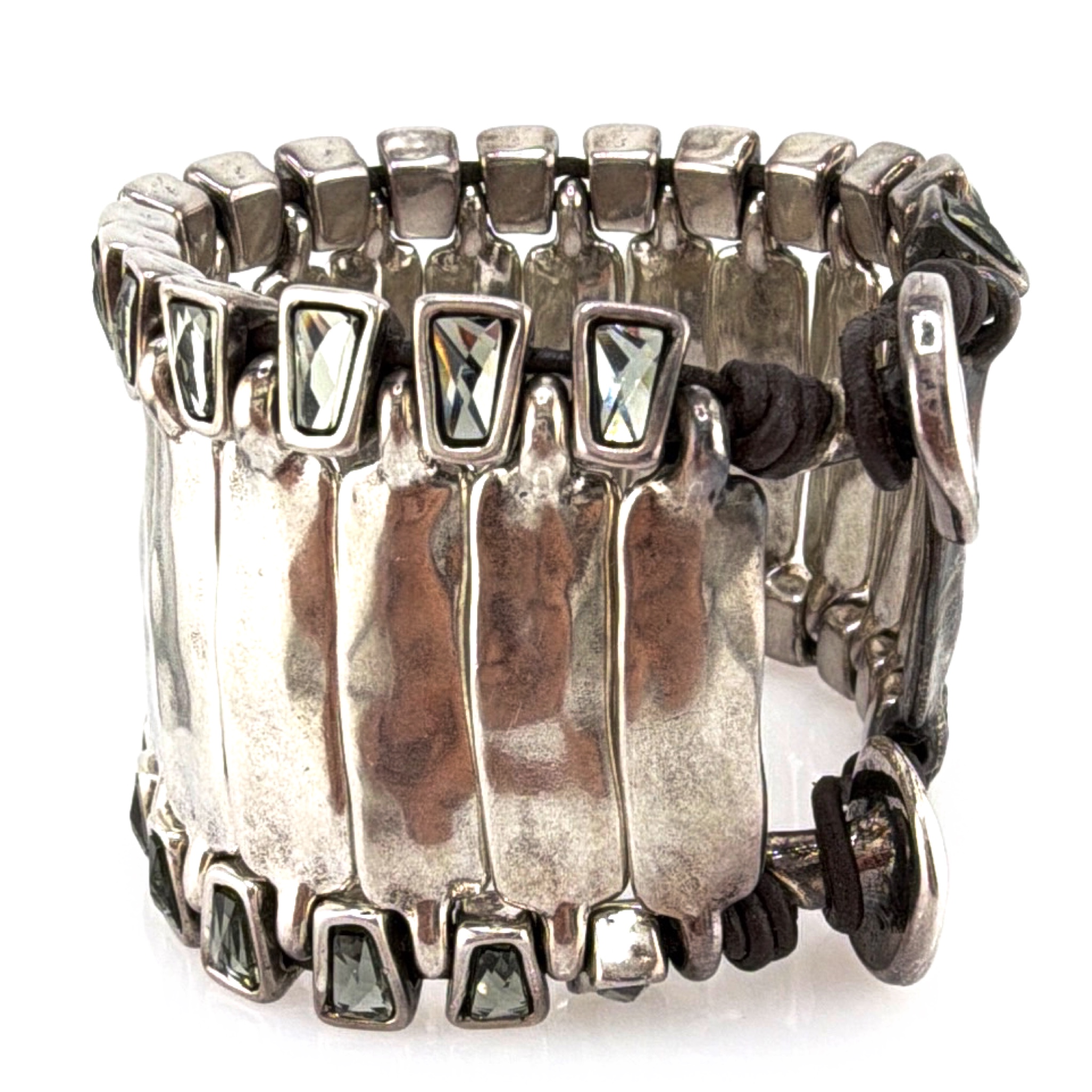 Uno de 50 Silver Tone Bar-Link Cuff Bracelet, Gray Rhinestone Accents — Front