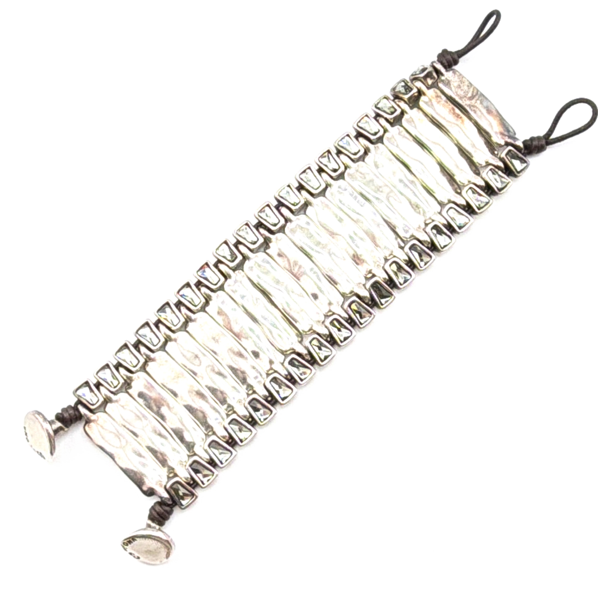 Uno de 50 Silver Tone Bar-Link Cuff Bracelet, Gray Rhinestone Accents — Front