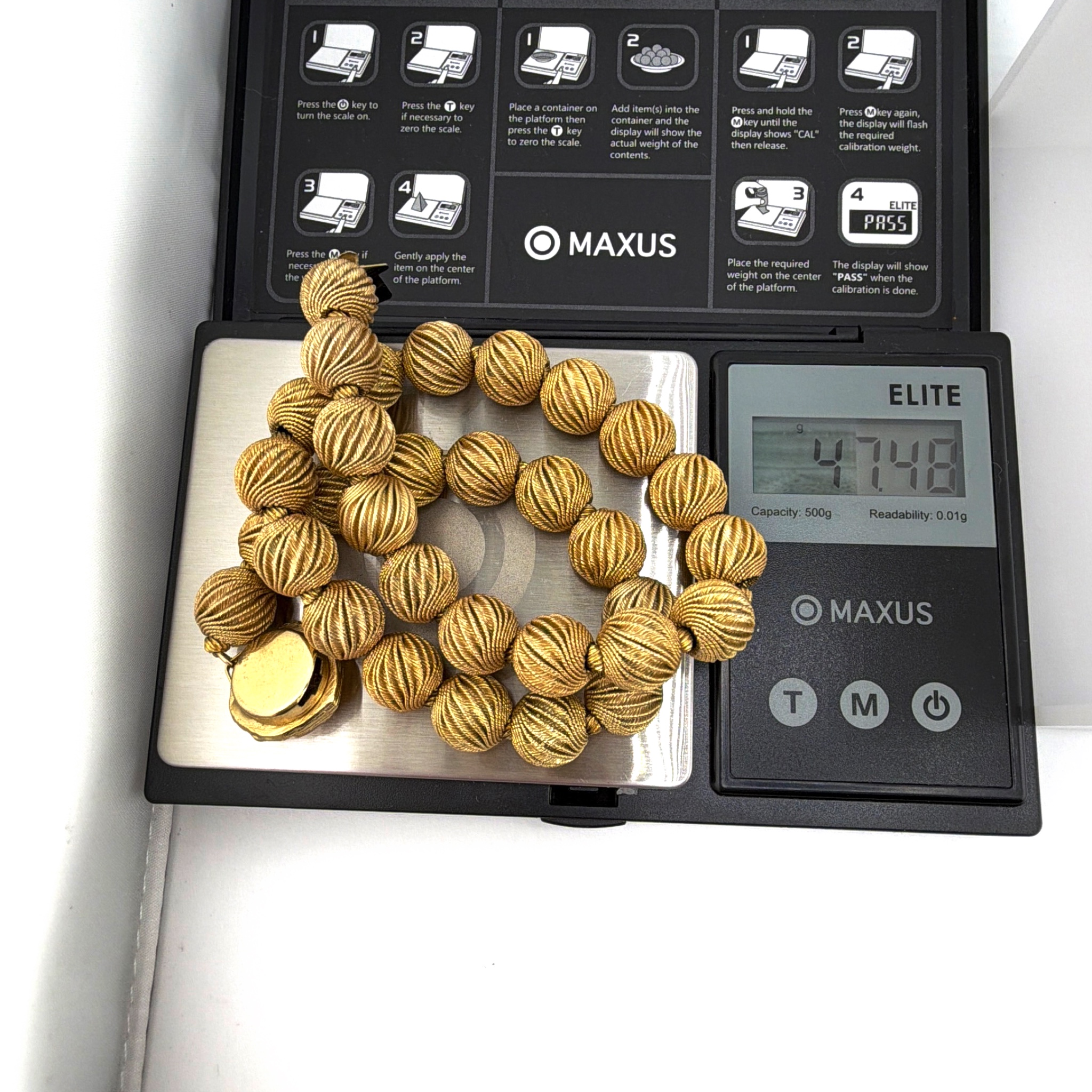 Mid-Century 50s–60s Gold Tone Ribbed Bead Necklace, Rose Clasp 47.48g 21.5 in — For scale