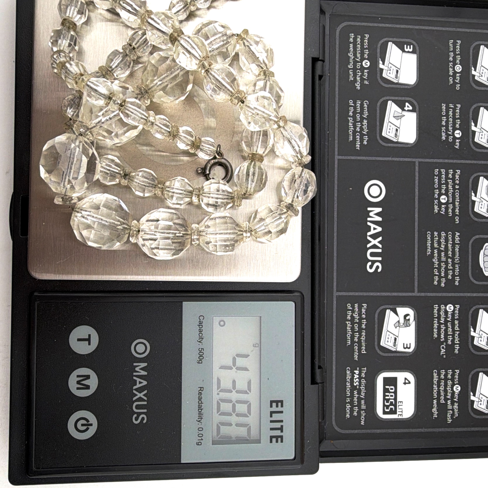 Art Deco 20s–30s 16 in Sterling Graduated Faceted Crystal Bead Necklace 43.80g — For scale