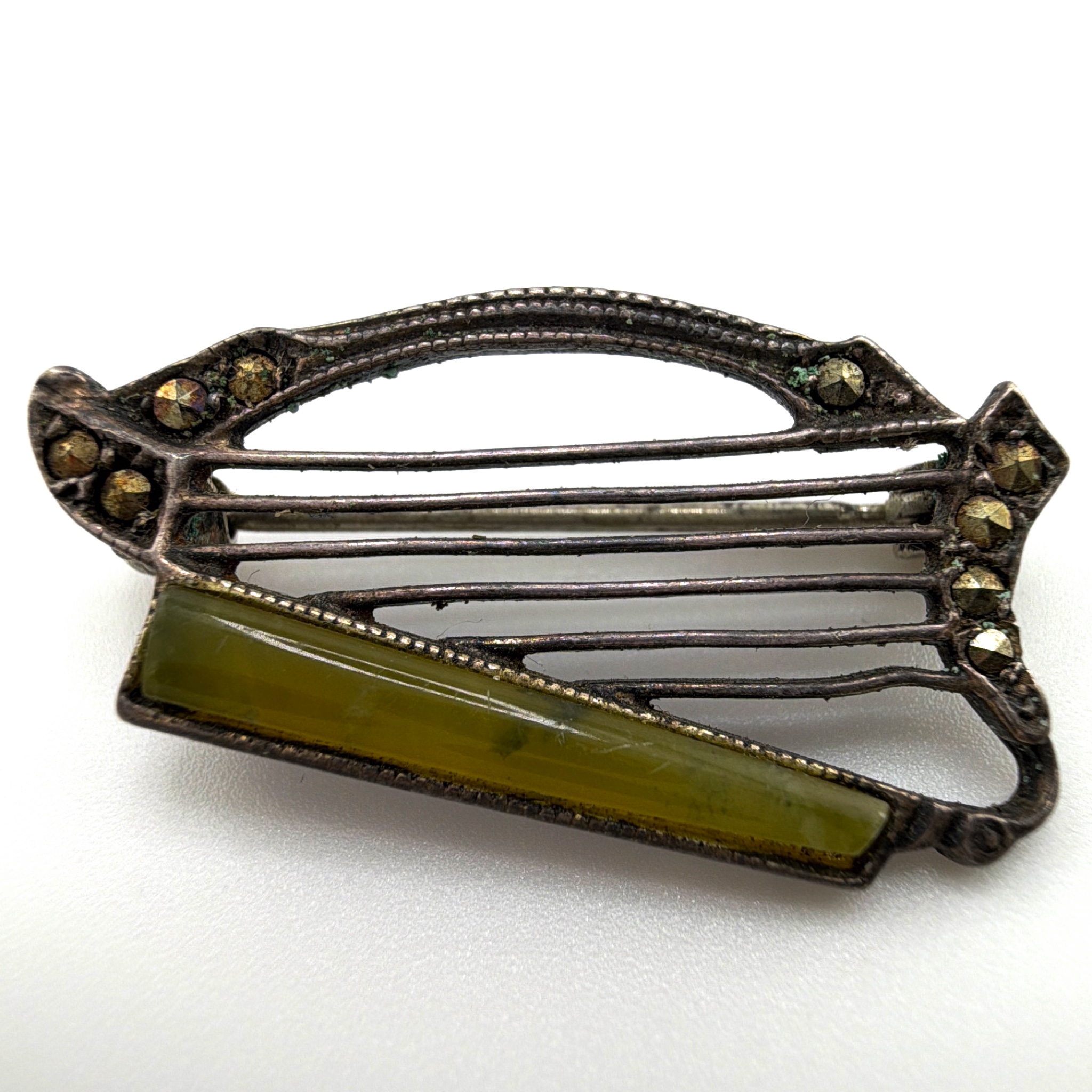 Art Nouveau 00s–20s -10s Sterling Marcasite Green Glass Harp Brooch 2.89g — Back