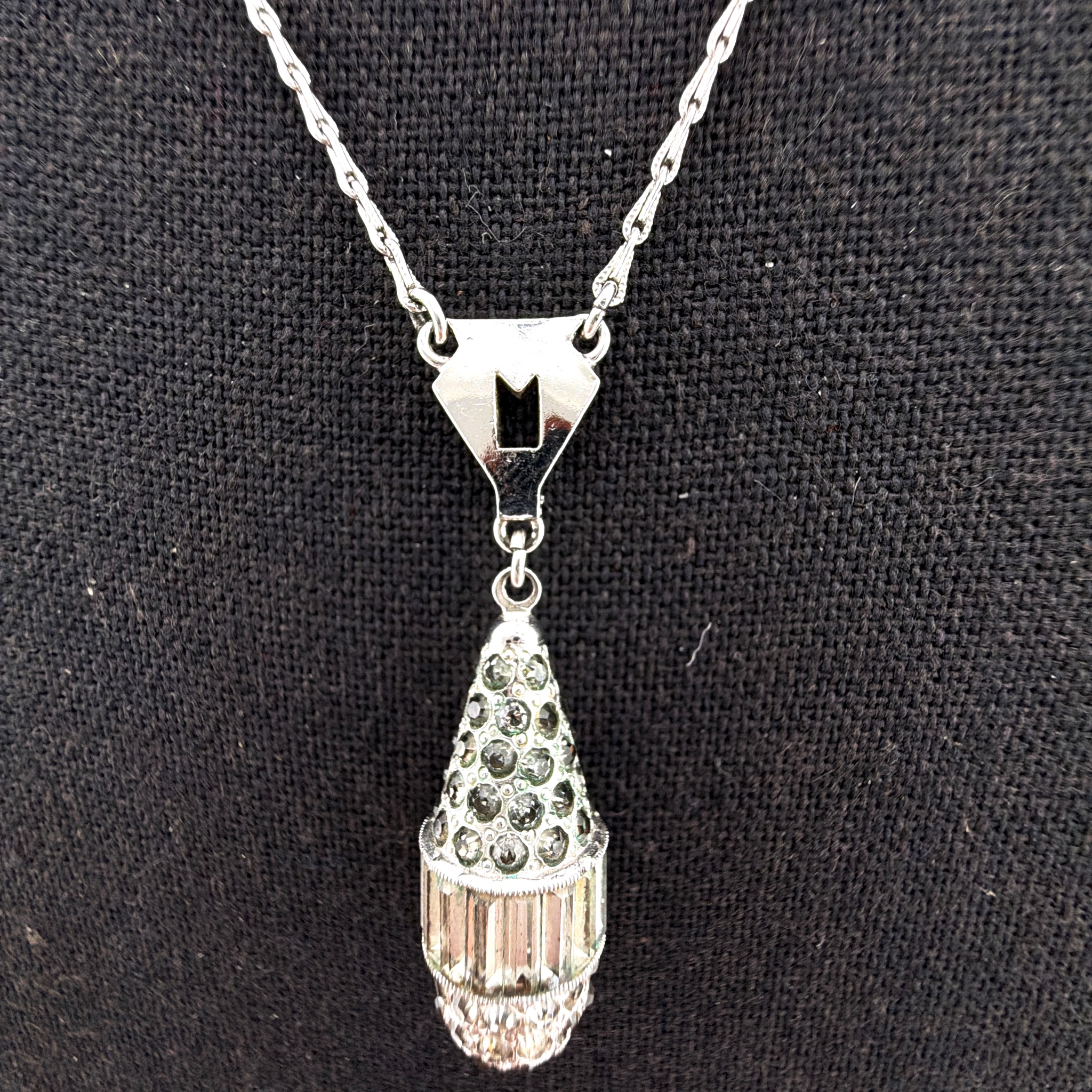 Art Deco 20s–40s 17 in Silver Tone Baguette & Pavé Austrian Crystal Drop Pendant Necklace 10.88g — Back