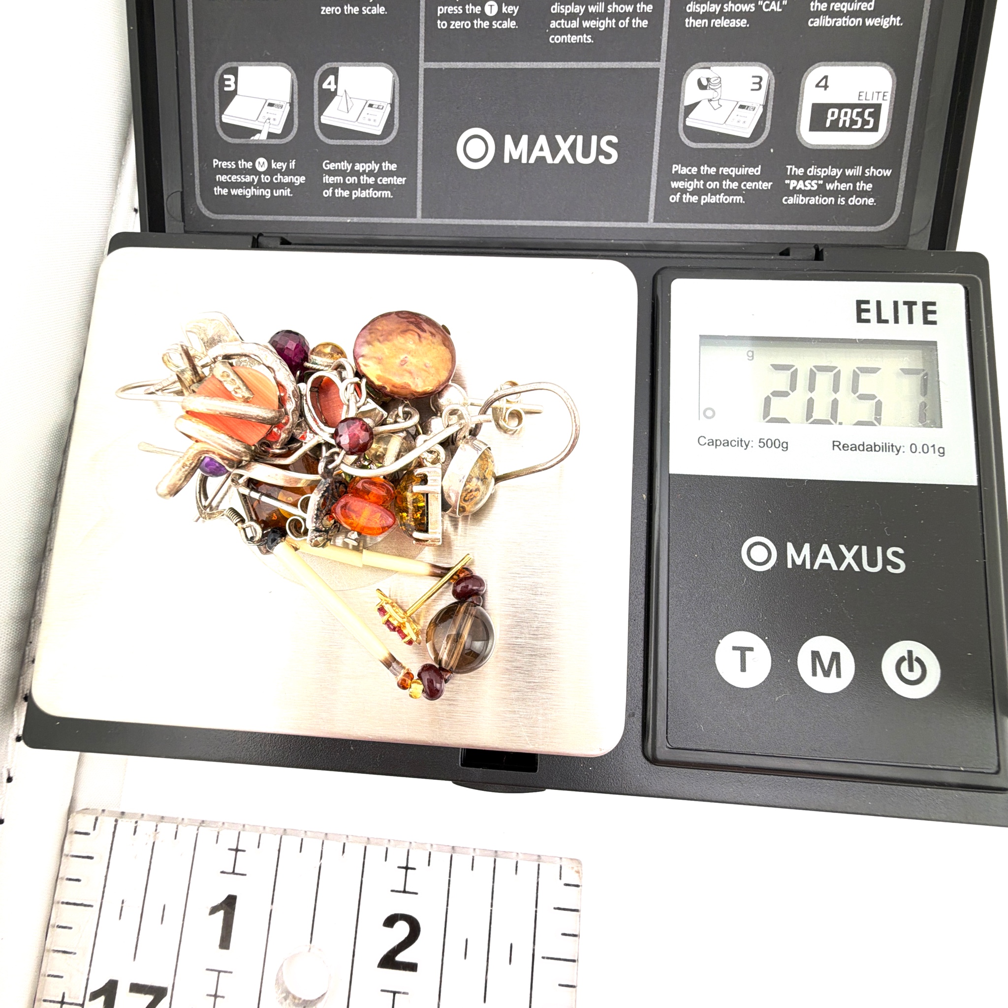 Mixed Lot Single Earrings & Small Pendants, Amber-Tone & Rhinestone 20.57g — For scale